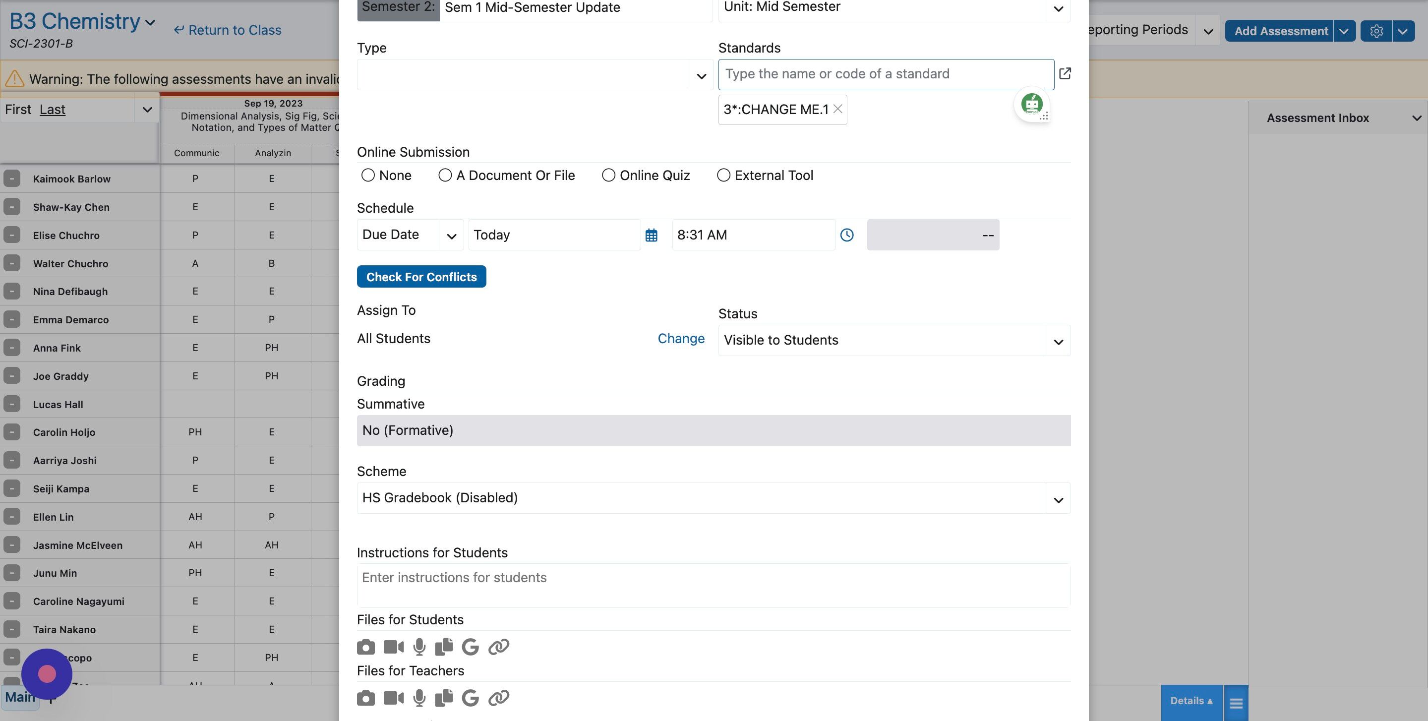 Screenshot of: The box with the arrow loads your class standards