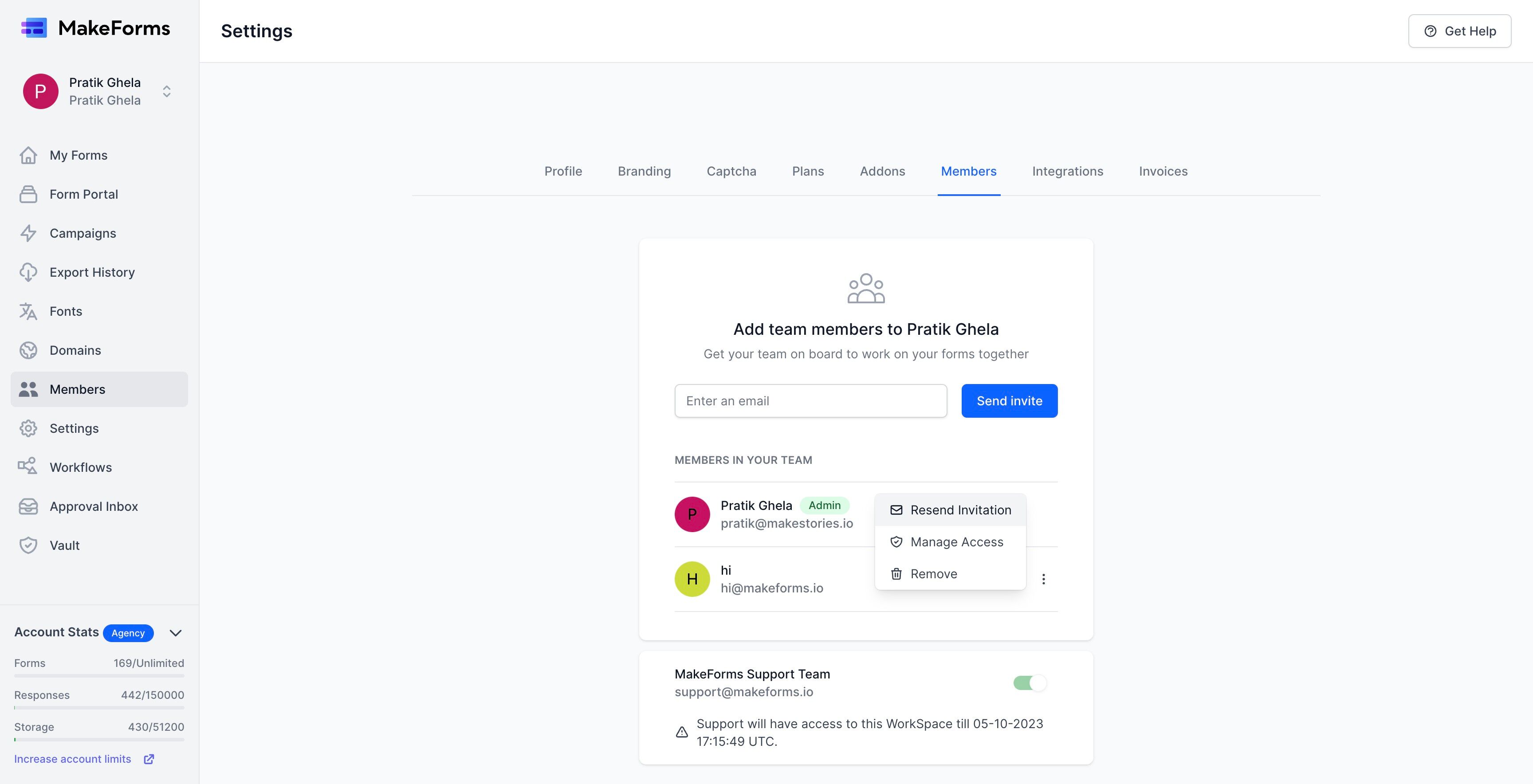 Screenshot of: You have the ability to execute three actions: Resend Invitation, Manage Access, and Remove. Through these options, you can either resend an invitation to the user, adjust their access permissions, or remove them from the WorkSpace altogether.