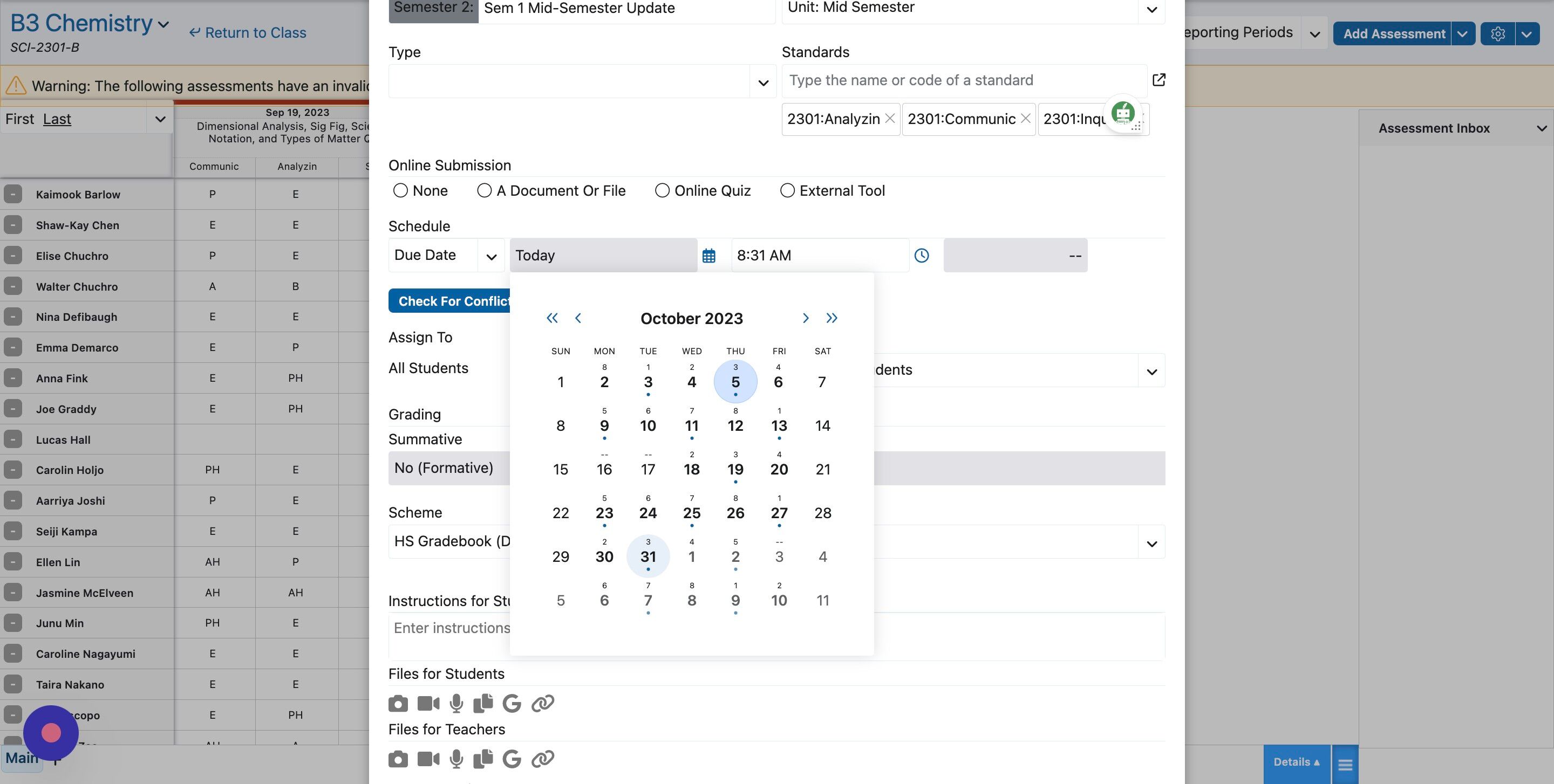 Screenshot of: Add the Due Date. This is the date that will appear on student calendars, not the date that teachers need to have shared the results. 