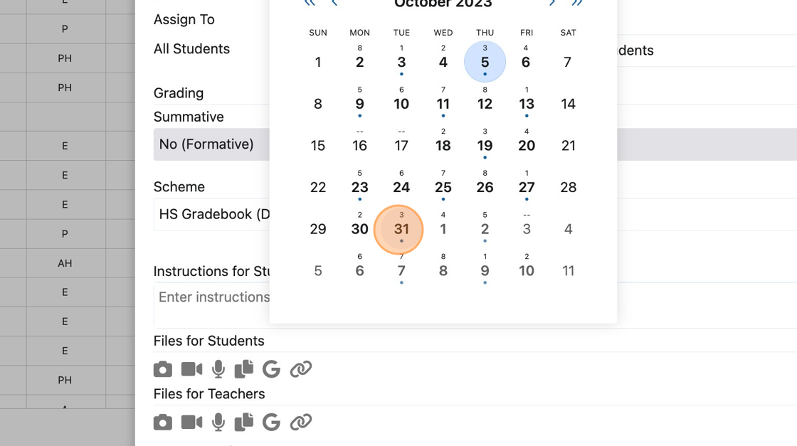 Screenshot of: Add the Due Date. This is the date that will appear on student calendars, not the date that teachers need to have shared the results.
