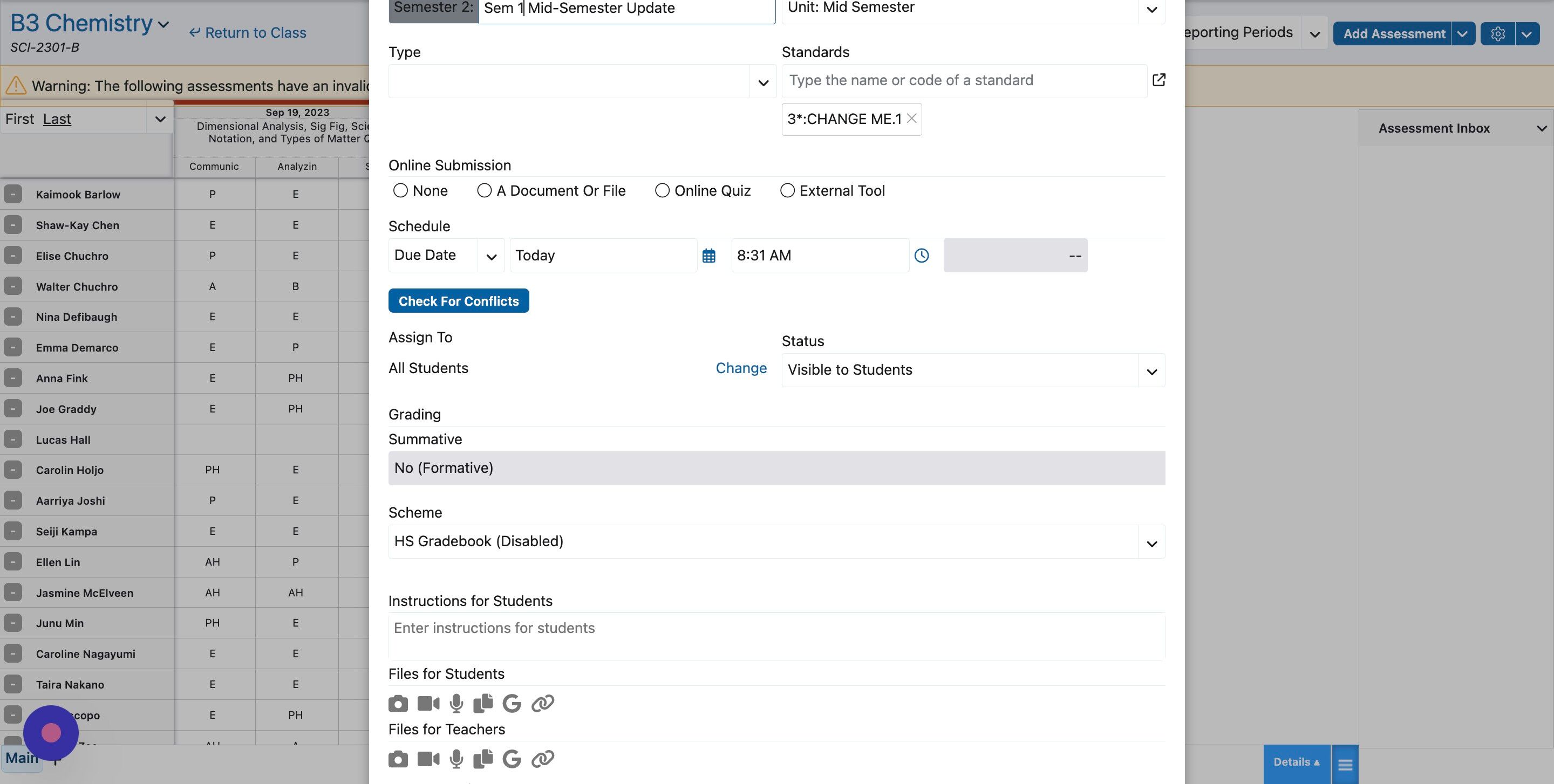 Screenshot of: Edit the standards by removing CHANGE ME and adding your course's standards.