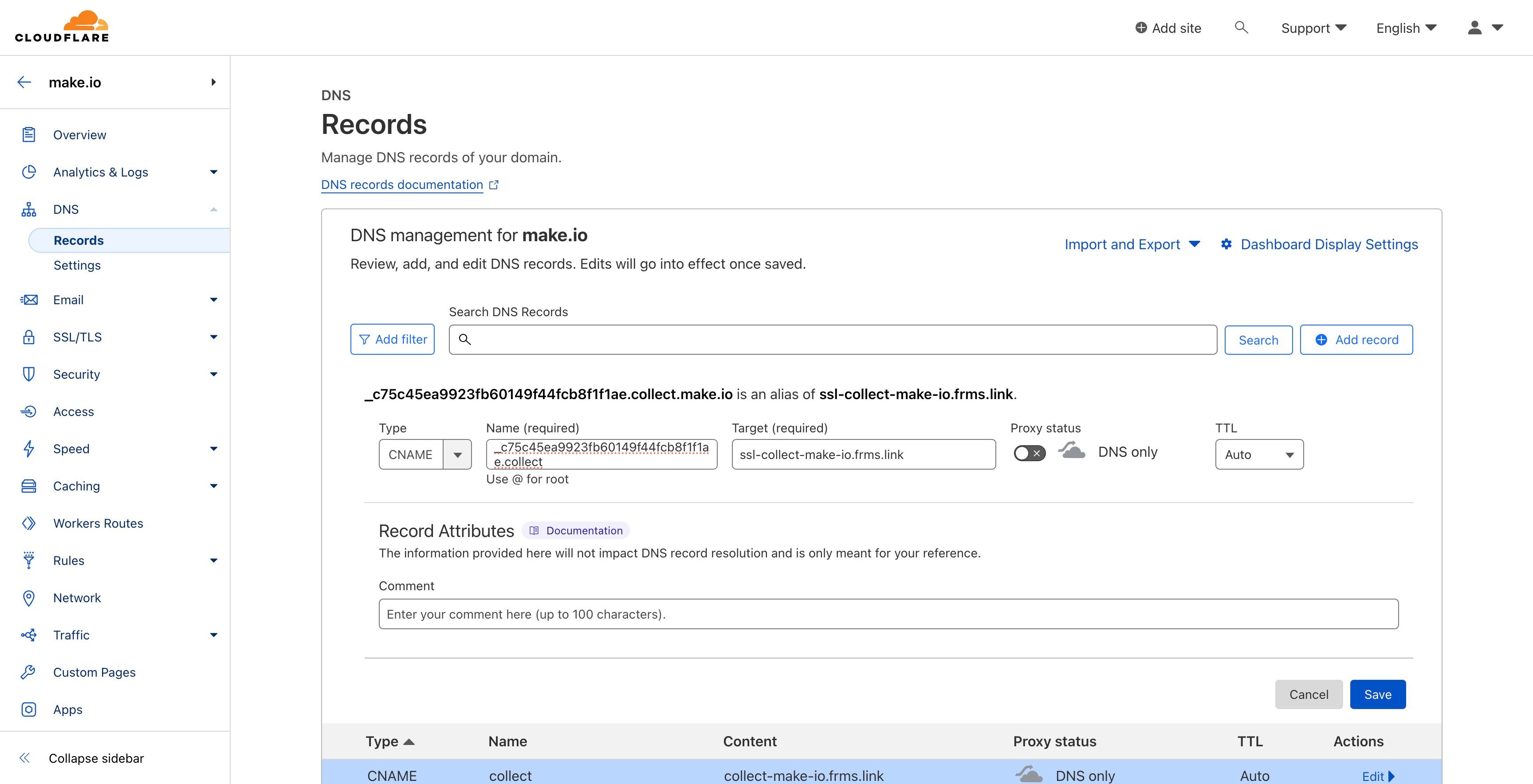 Screenshot of: Now paste the values for second CName record, turn off the proxy and hit save.