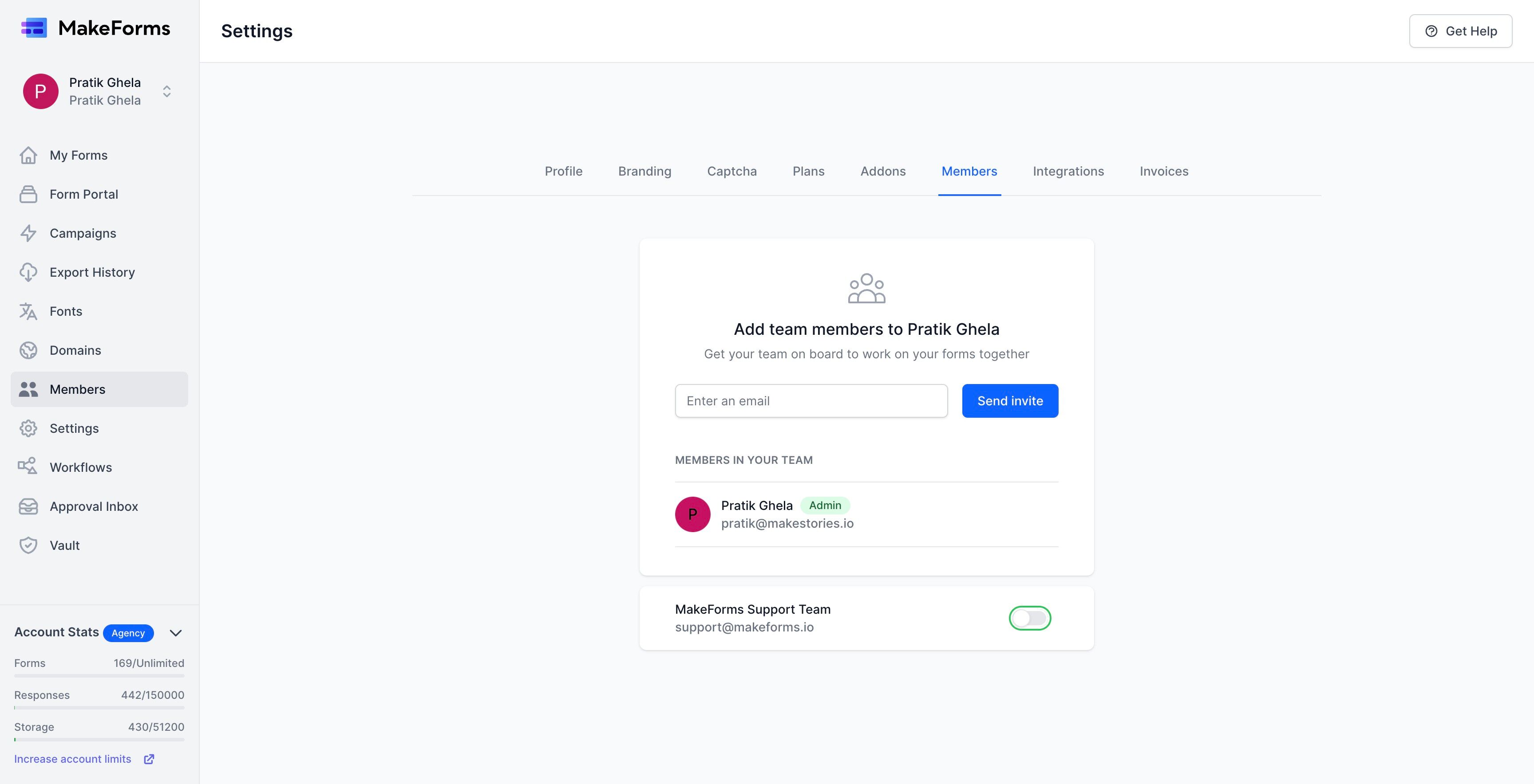Screenshot of: Upon navigating to the members page, scroll down to the bottom where you'll find an option labeled "MakeForms Support Team" accompanied by a toggle. Simply click on the toggle, and support access will be activated.