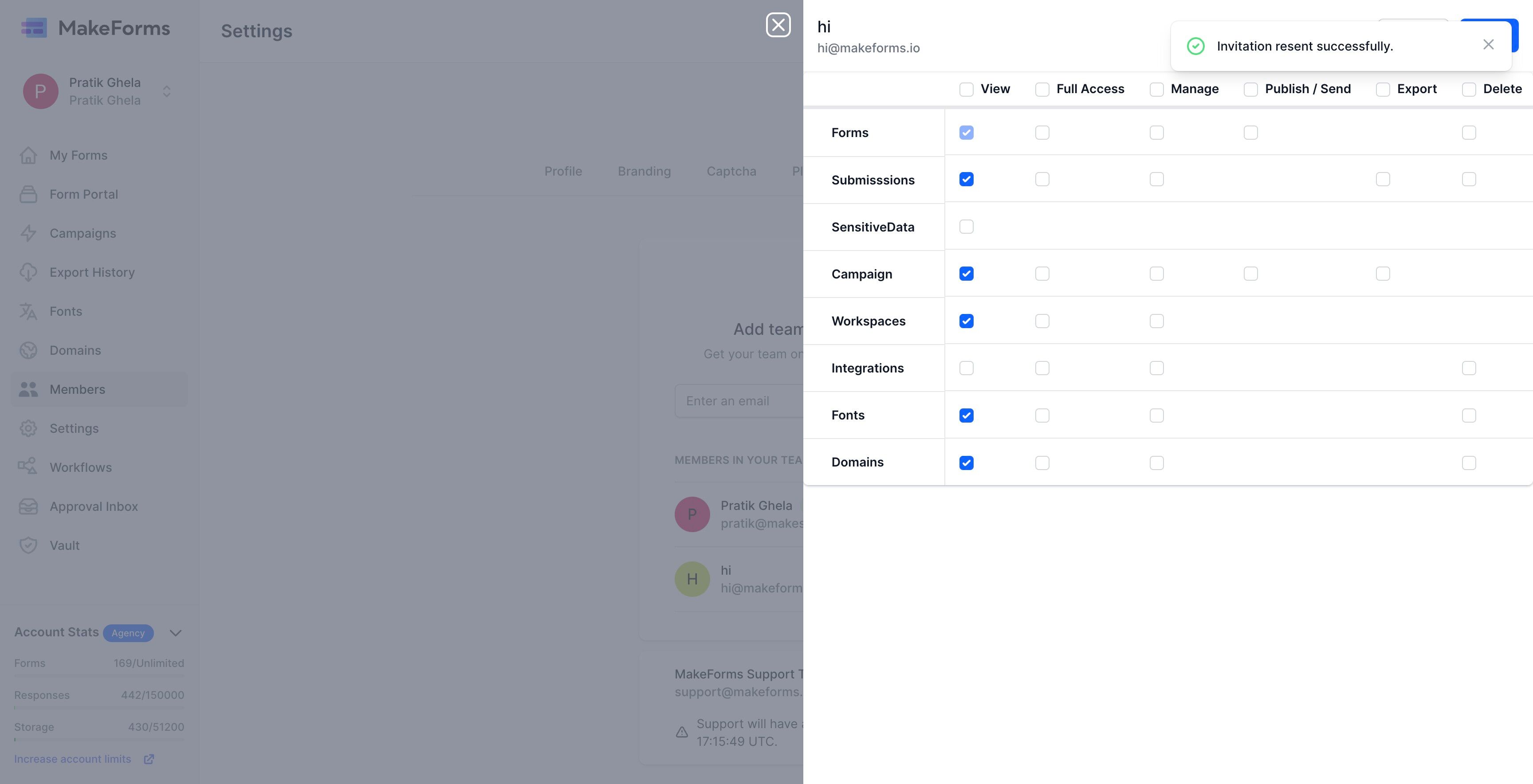 Screenshot of: Upon clicking the "Manage Access" link, you will be presented with a list of permissions, similar to the one provided earlier. You can now adjust the access permissions for the user as needed, tailoring their level of access within the WorkSpace to your preferences.