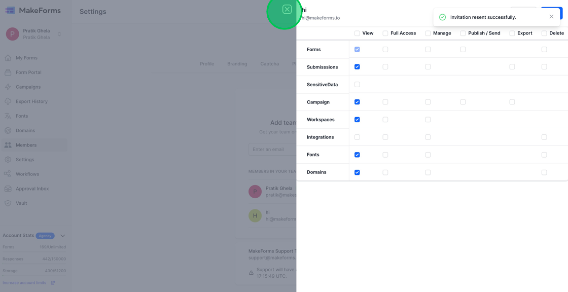 Screenshot of: Upon clicking the "Manage Access" link, you will be presented with a list of permissions, similar to the one provided earlier. You can now adjust the access permissions for the user as needed, tailoring their level of access within the WorkSpace to your preferences.