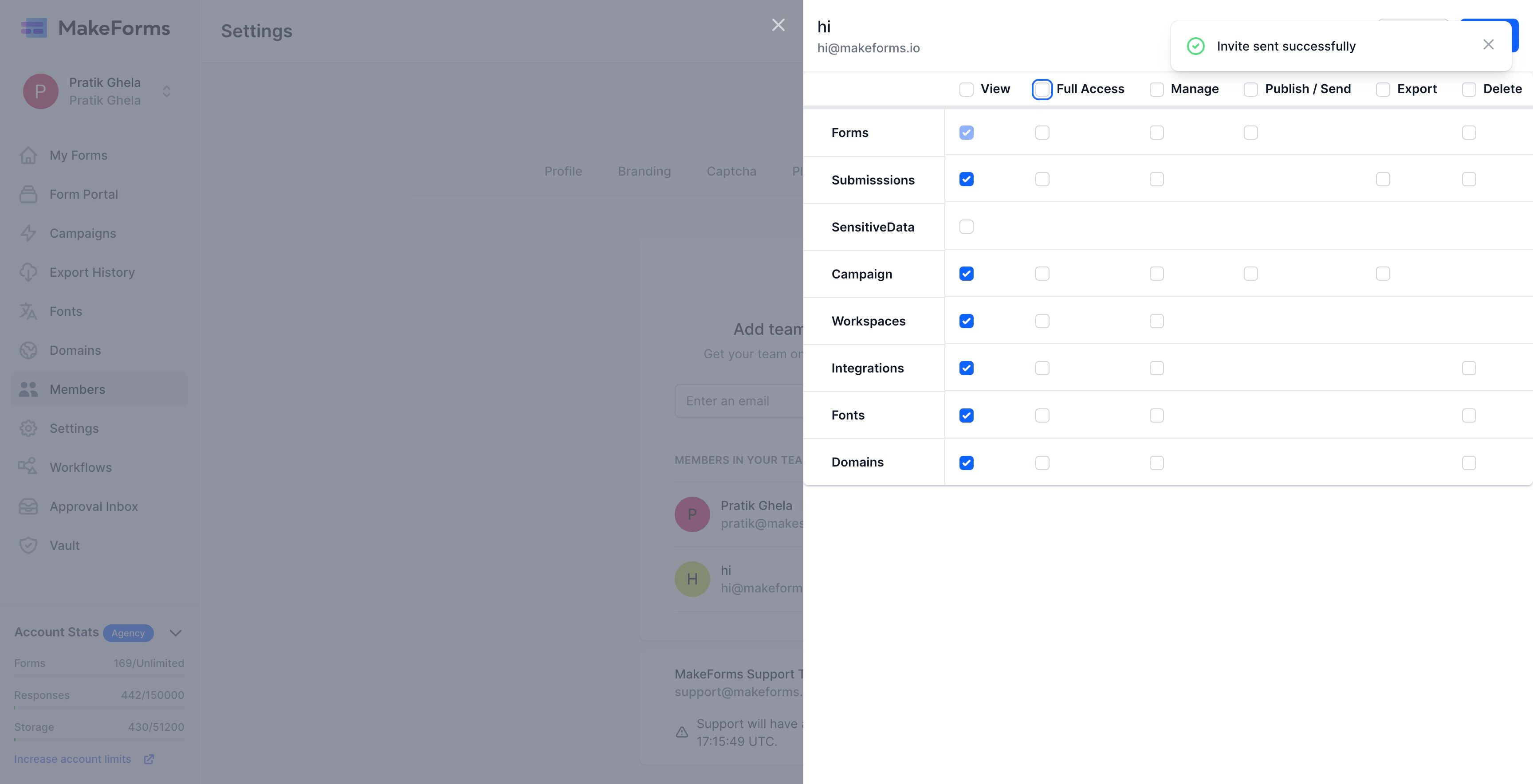 Screenshot of: Upon adding a member to the WorkSpace, an invitation to join will be sent to them, and the access control settings will appear. This interface allows you to meticulously define the level of access you want to grant to the user, utilizing a grid that lays out the various permissions and features available.