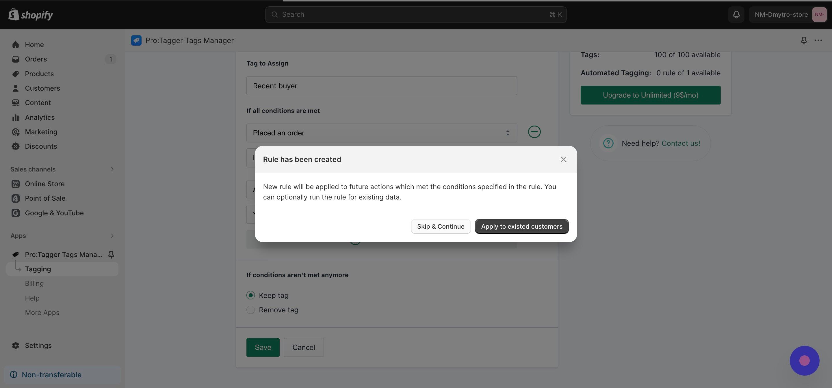 Pro:tagger shopify app - Step 4: Final step - Apply the created rule to customers