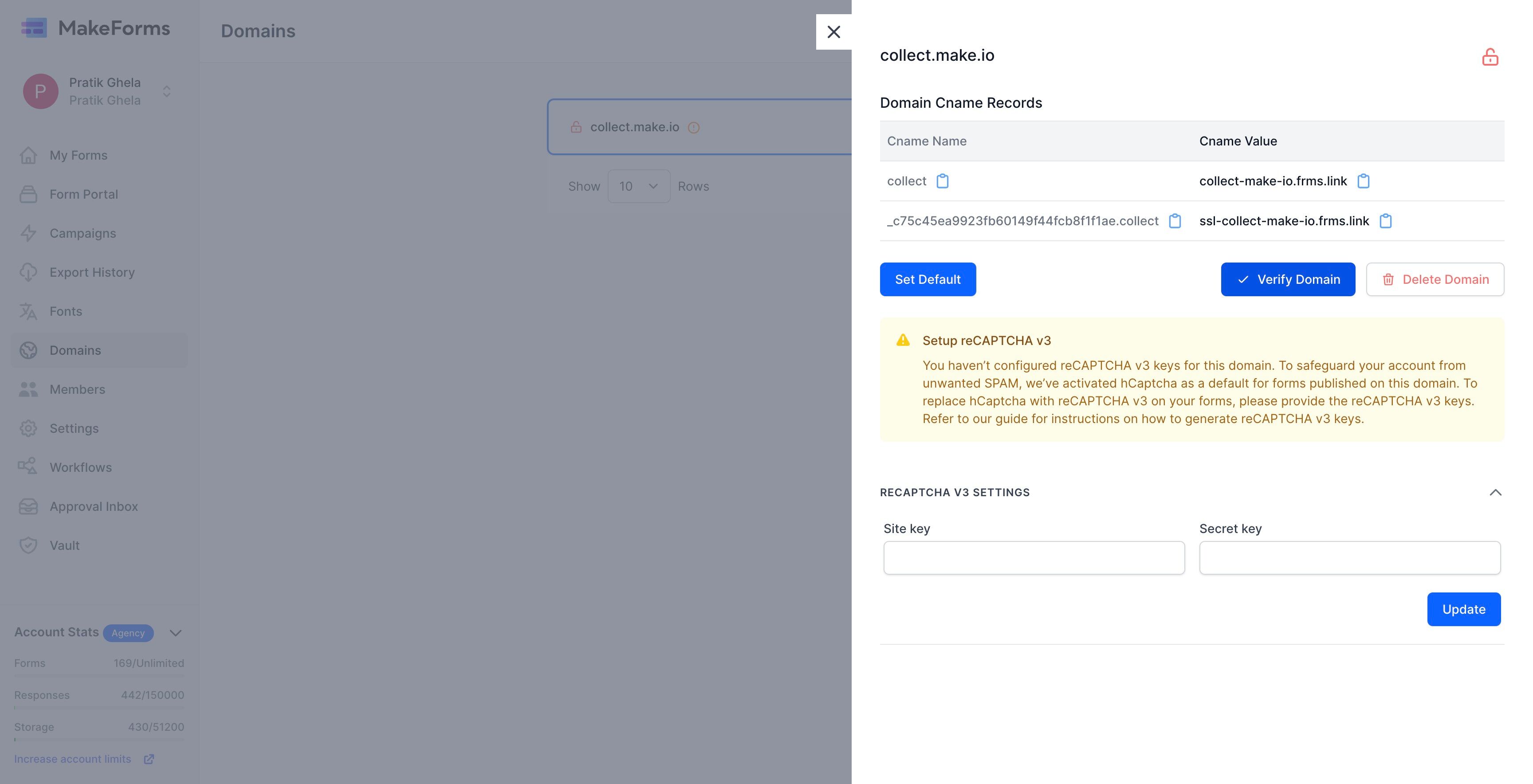 Screenshot of: After you've added the 2 CNAME records, wait for about 3-4 hours. Come back to your Domains Tab, hit the Manage Domain button and click the blue "Verify Domain" button. 