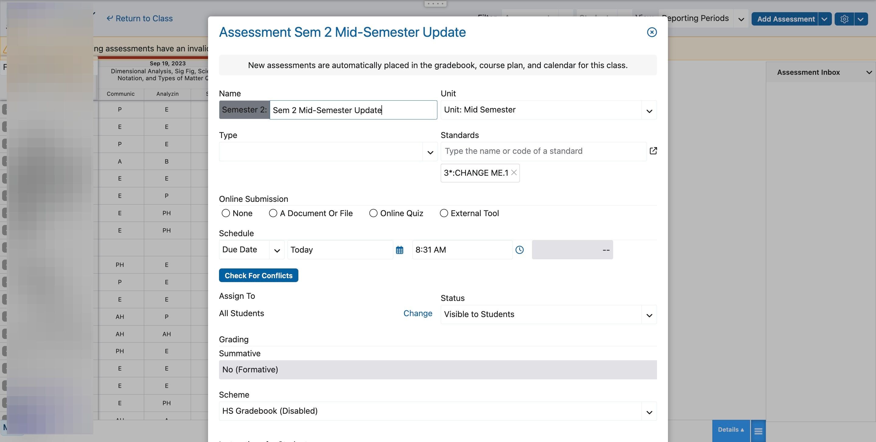 Screenshot of: Change the name to Sem 1 Mid-Semester Update
