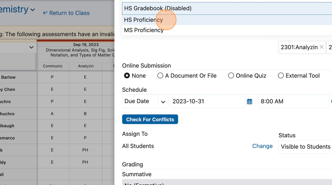 Screenshot of: Choose "HS Proficiency" - the dropdown menu might awkwardly pop up at the top of the page. It will stop doing that soon.