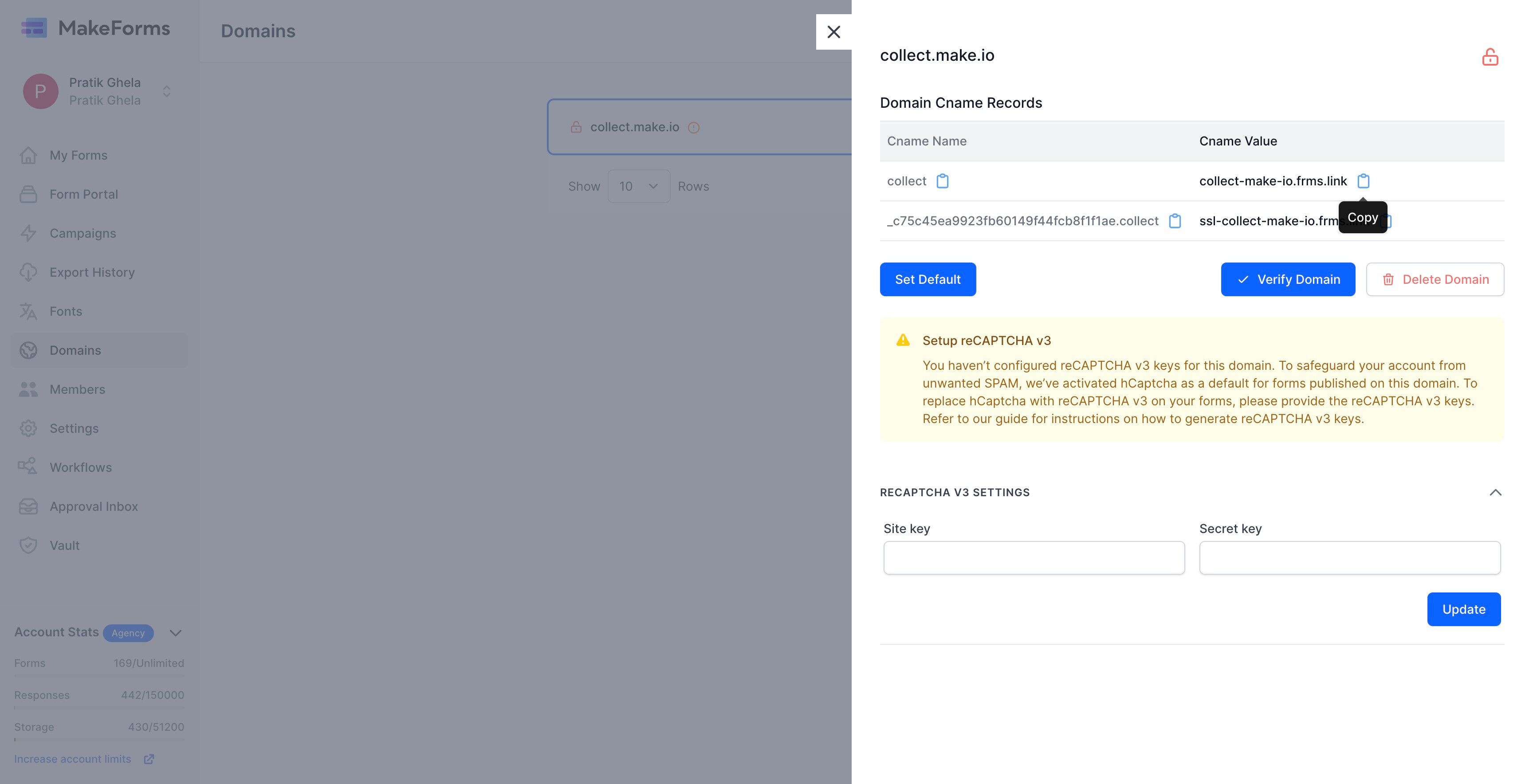 Screenshot of: Now go back to your MakeForms tab and copy the CName Value. 