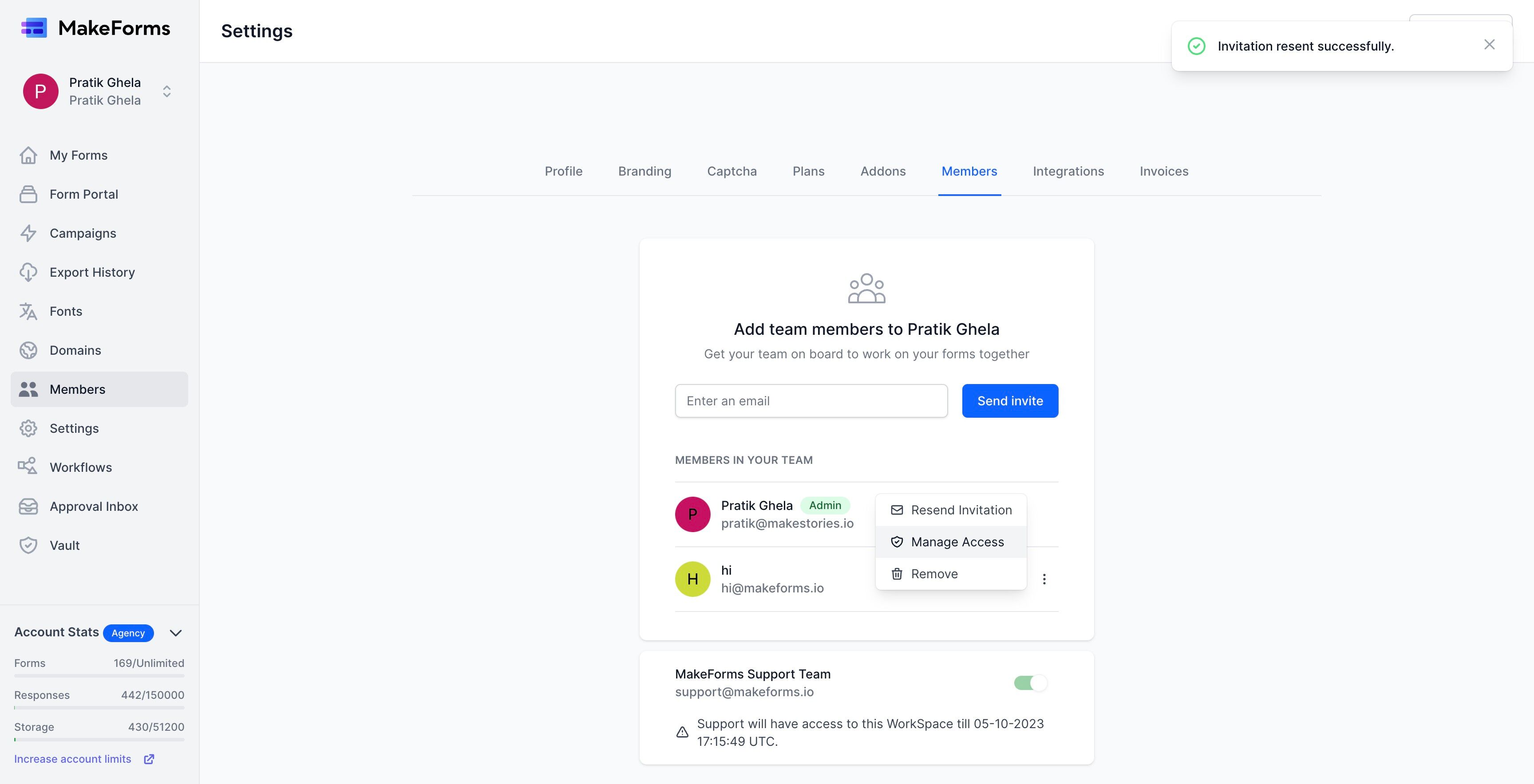 Screenshot of: To "Manage Access" and update the permissions assigned to a user, simply click on the "Manage Access" link. This will lead you to the settings where you can modify the level of access granted to the user.