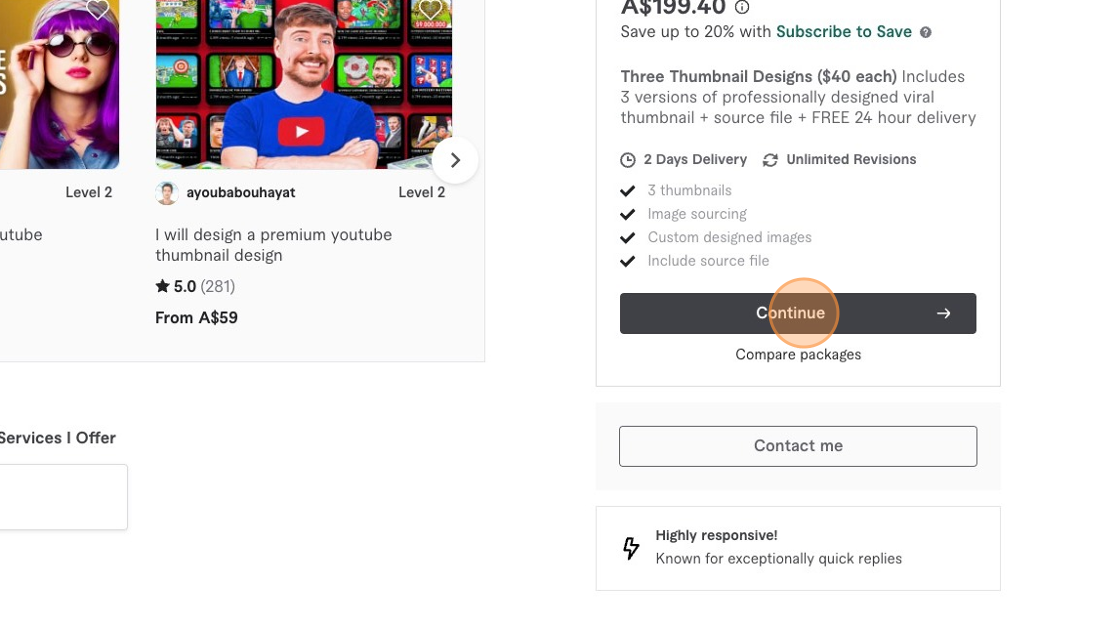 Screenshot of: Once you have decided on the best youtube thumbnail provider for your needs, simply click on the "Continue" button and follow the order process. 