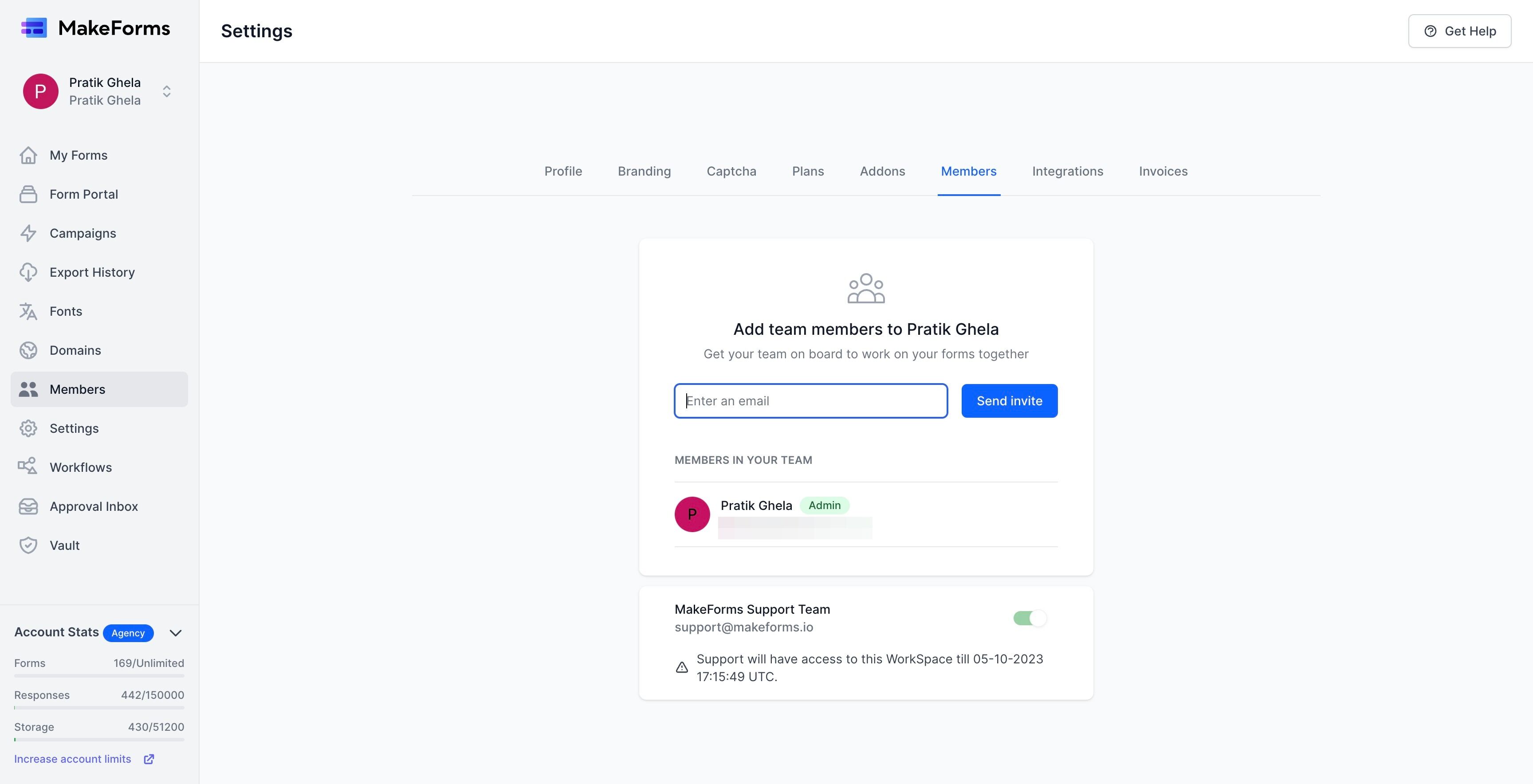 Screenshot of: Upon clicking the "members" button, you will be directed to a page displaying a list of members already associated with the specified WorkSpace. If no members have been added yet, only the owner of the WorkSpace will be listed, and will be designated as the "Admin".