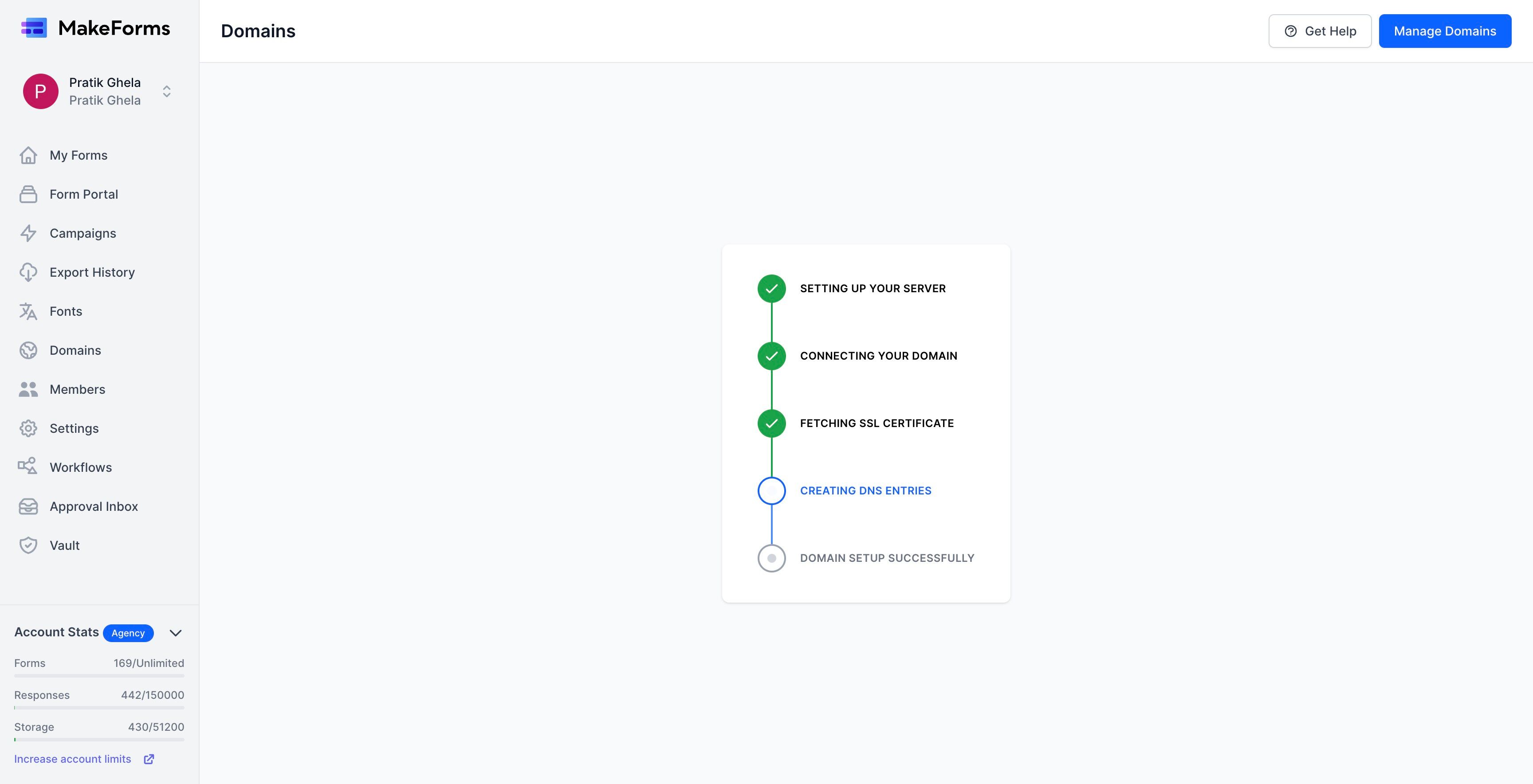 Screenshot of: The system will setup the subdomain that you have entered. 