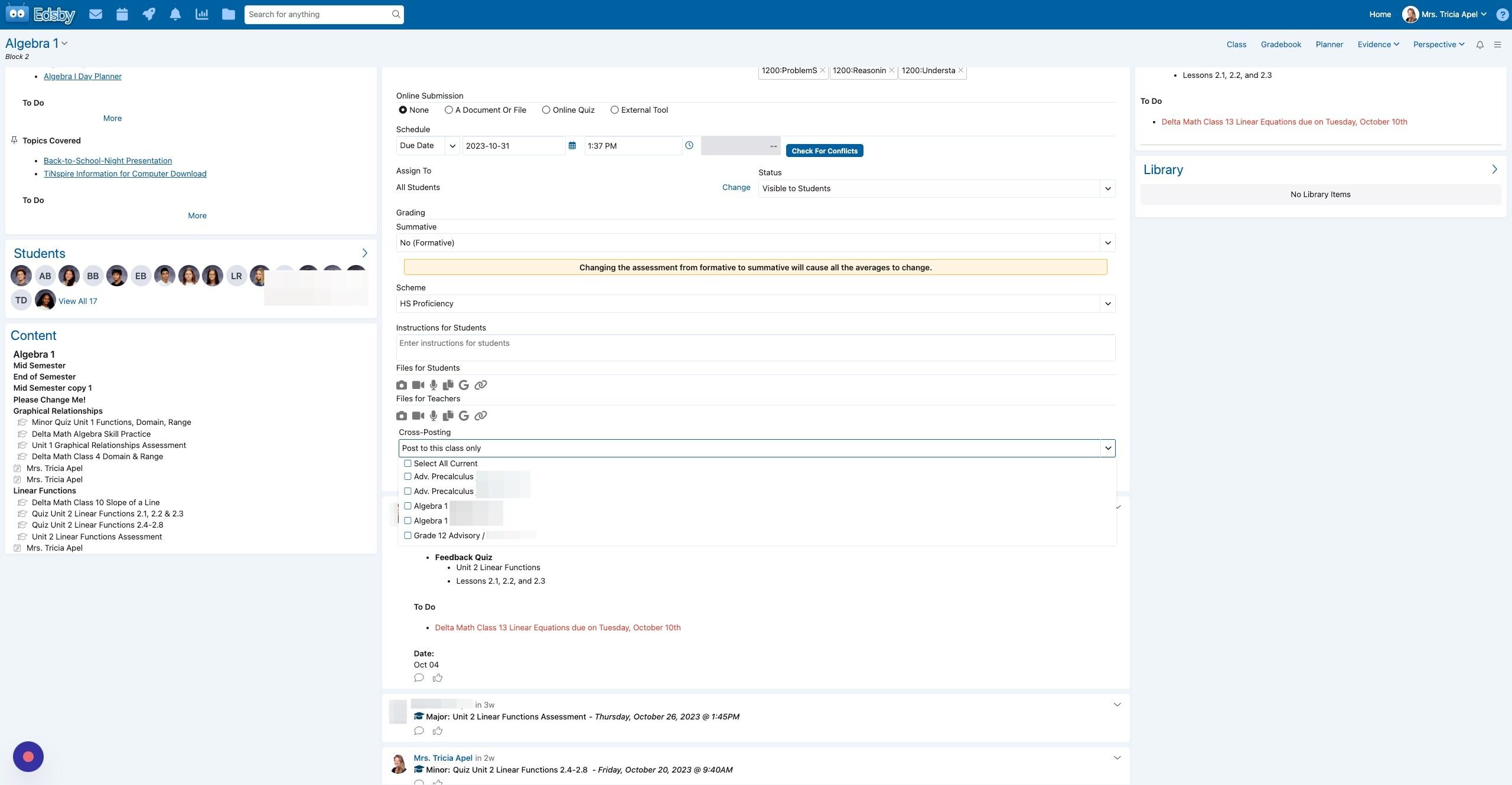 Screenshot of: Choose which classes to Cross Post to.