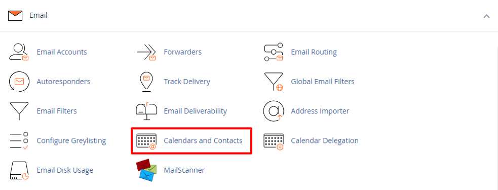 Screenshot of: CalDAV podatke najdete v paketu E-poštnega gostovanja s klikom na orodje "Calendars and Contacts" (Koledarji in kontakti).