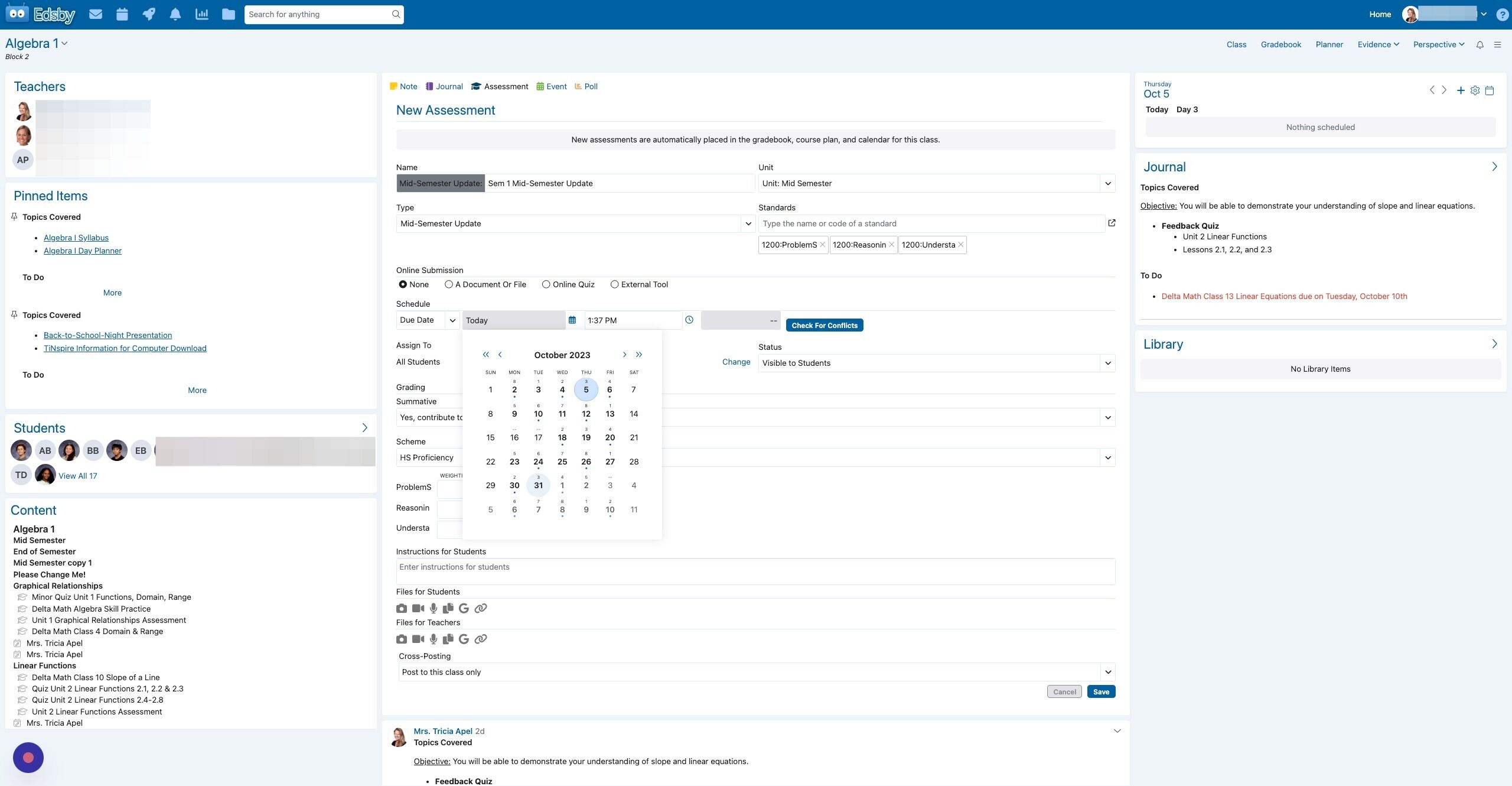 Screenshot of: Add the Due Date. This is the date that will appear on student calendars, not the date that teachers need to have shared the results.
