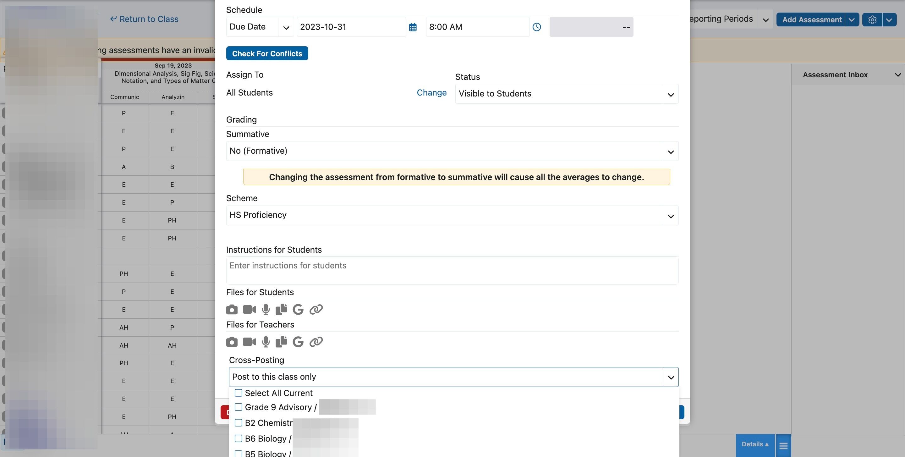 Screenshot of: Choose which classes to Cross Post to.
