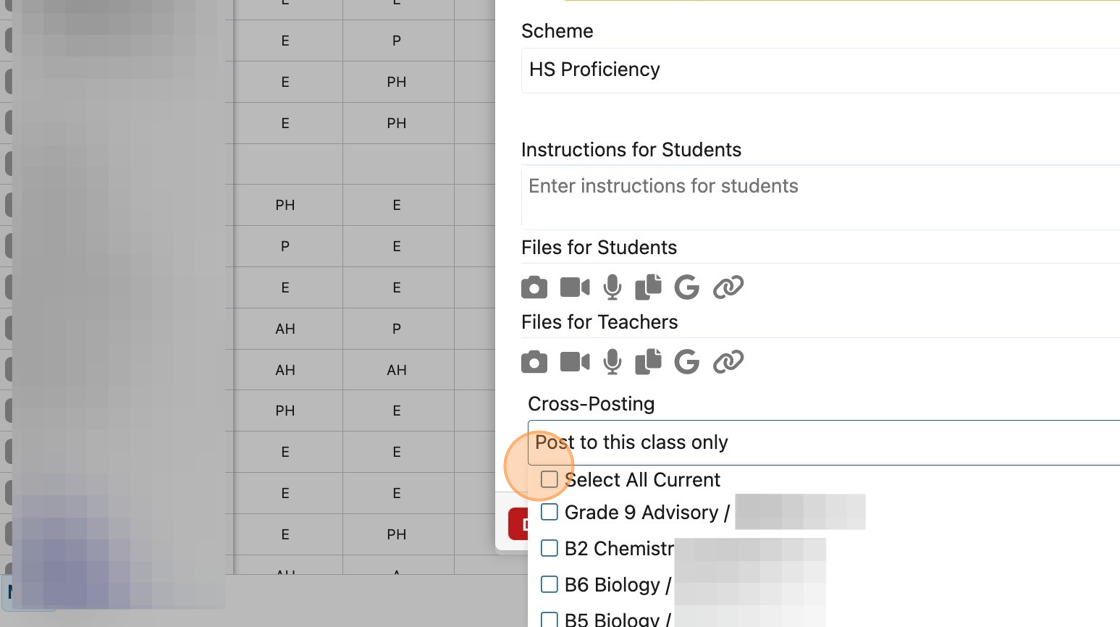 Screenshot of: Choose which classes to Cross Post to.