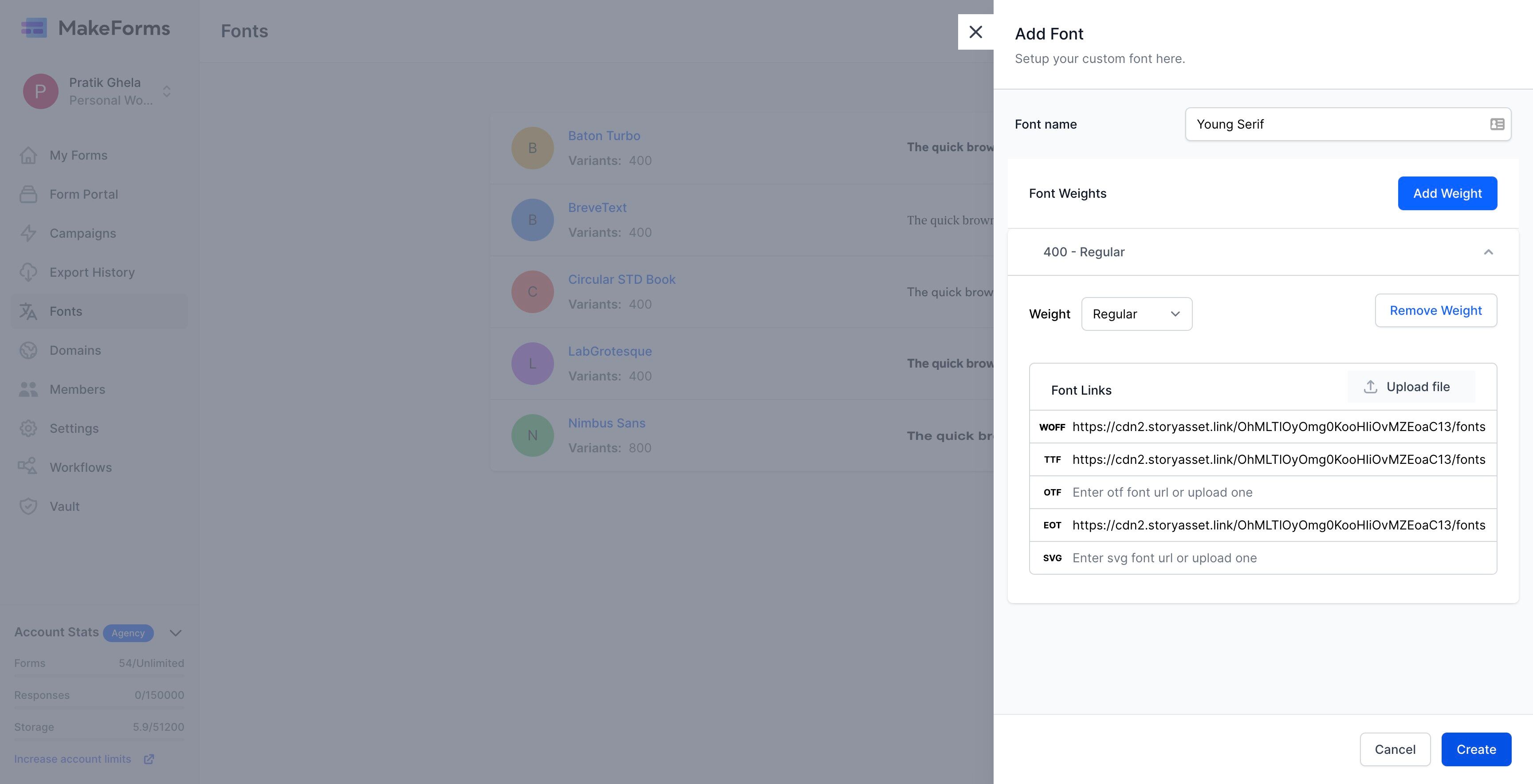 Screenshot of: After uploading all the necessary files, simply click the blue "Create" button located at the bottom right corner to finalize the addition of your custom font to the WorkSpace.