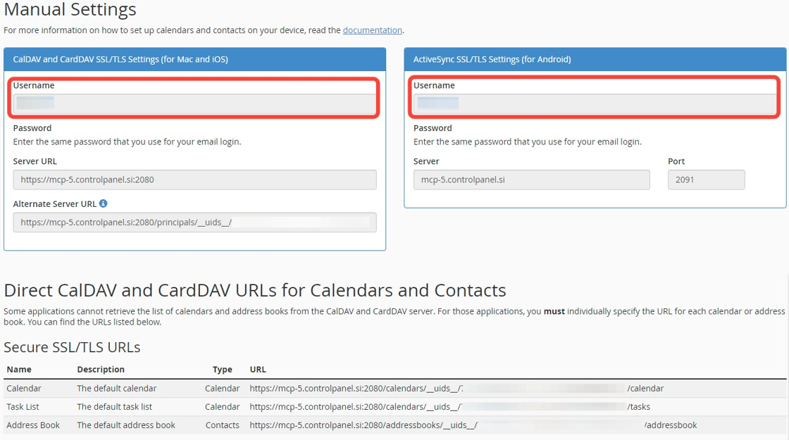 Screenshot of: Vnesite uporabniško ime cPanel računa, ki ga lahko najdete tudi v "Calendars and Contacts".
