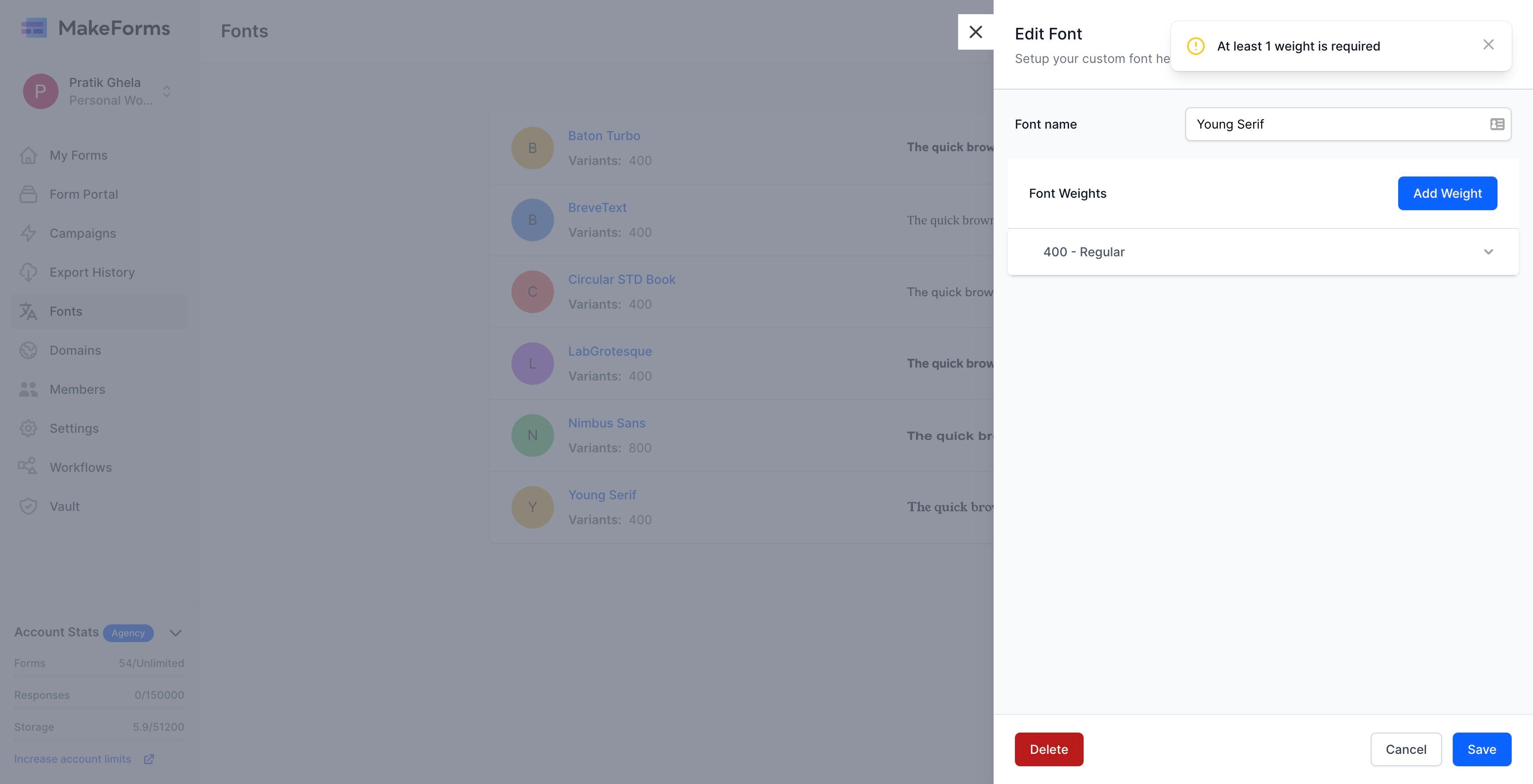 Screenshot of: To delete a font, navigate to and open the font settings, then click the red "Delete" button to remove the font from your account.