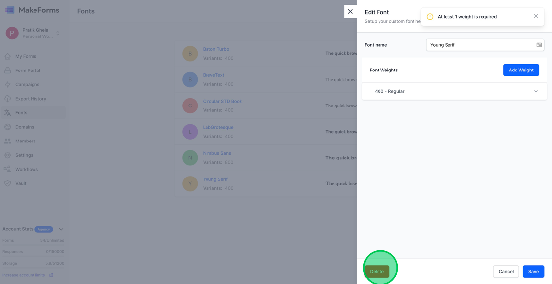 Screenshot of: To delete a font, navigate to and open the font settings, then click the red "Delete" button to remove the font from your account.