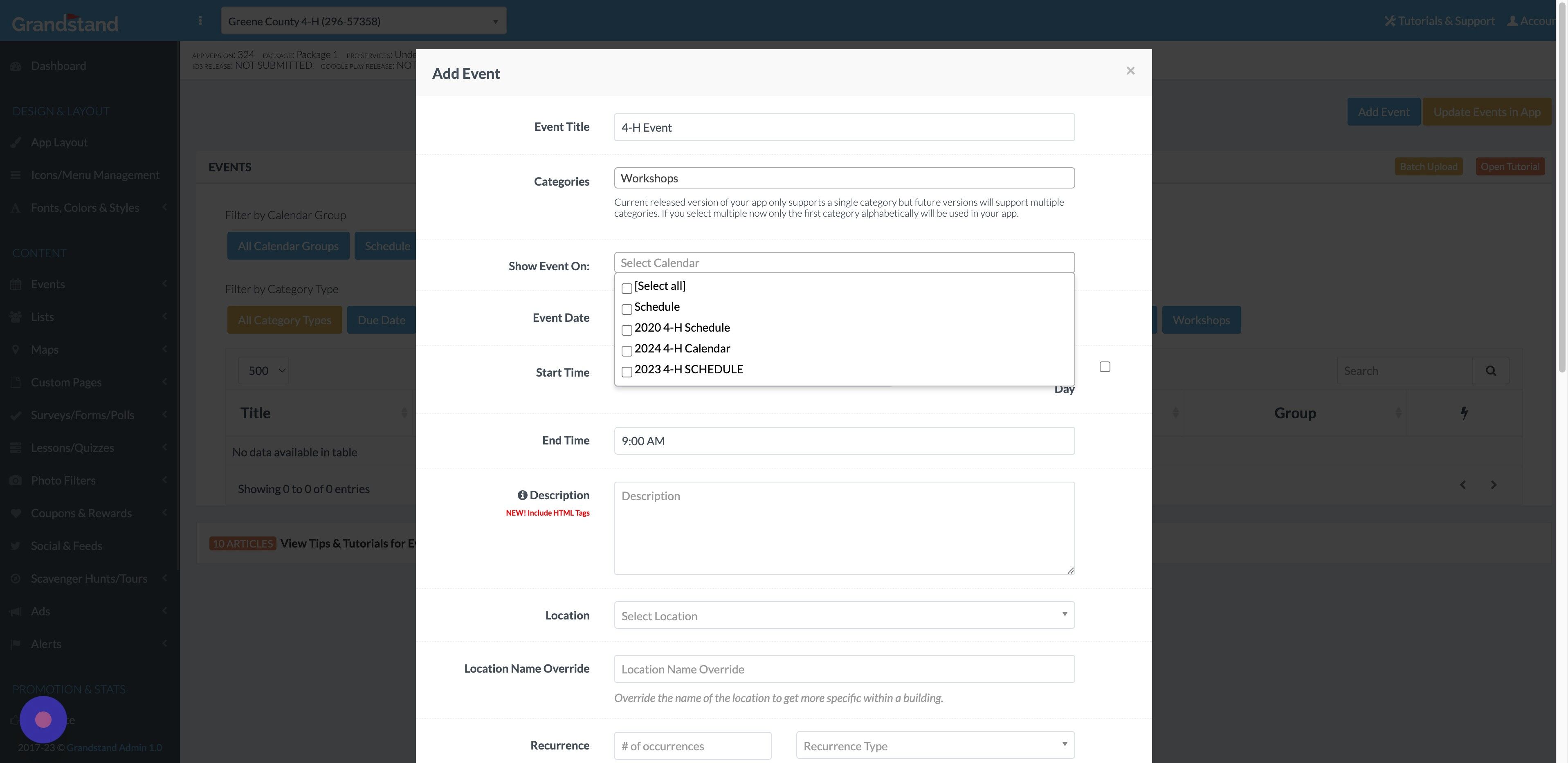 Screenshot of: Click the calendar(s) to show the event on, in this case "2024 4-H Calendar."
