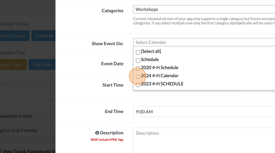 Screenshot of: Click the calendar(s) to show the event on, in this case "2024 4-H Calendar."