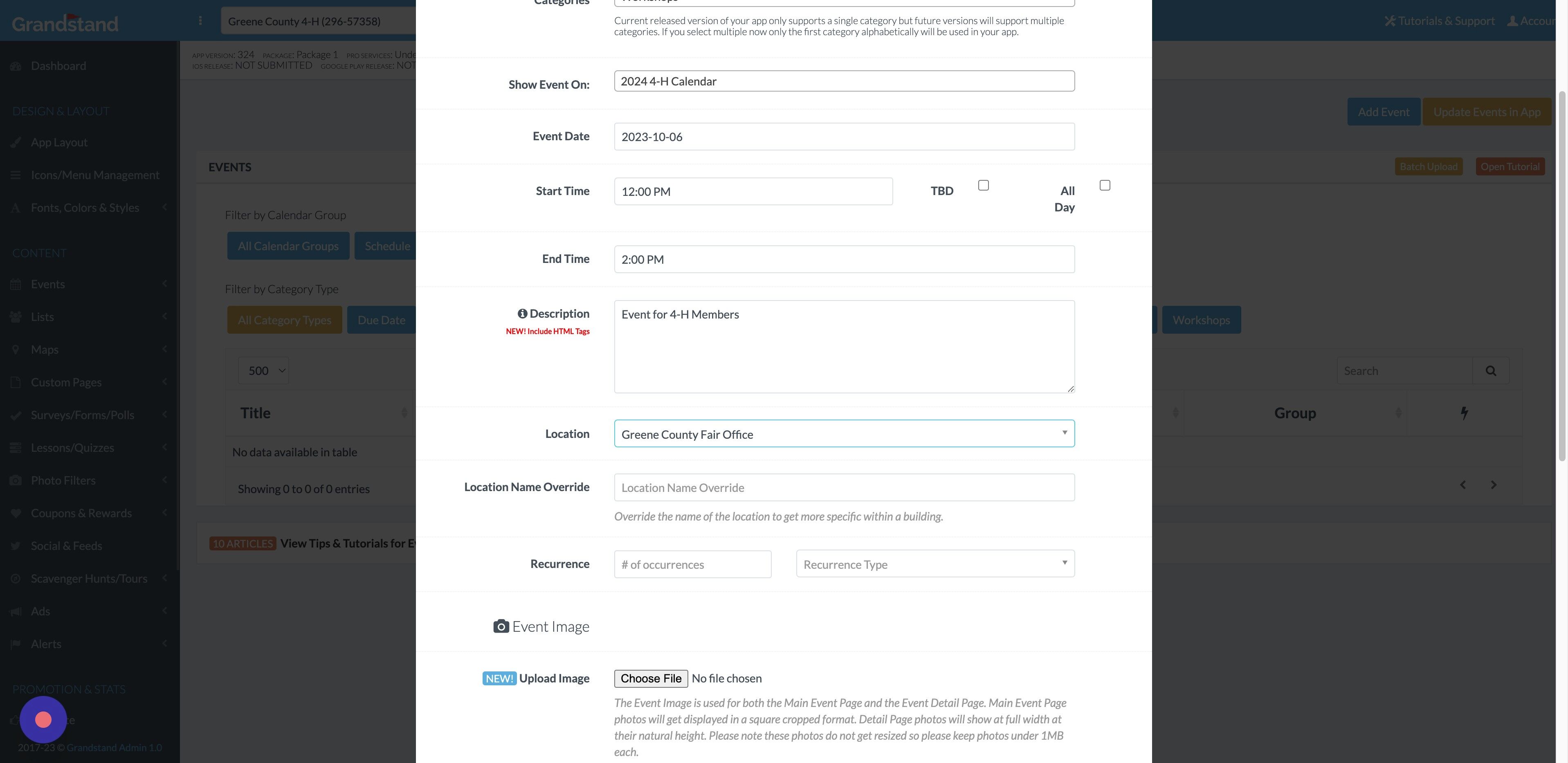 Screenshot of: If the location is in a specific place at that location (like a room in a building), click the "Location Name Override" field. and enter the specific name of the location.