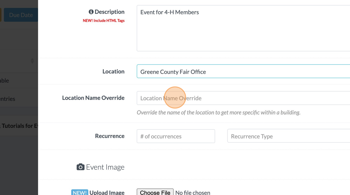 Screenshot of: If the location is in a specific place at that location (like a room in a building), click the "Location Name Override" field. and enter the specific name of the location.