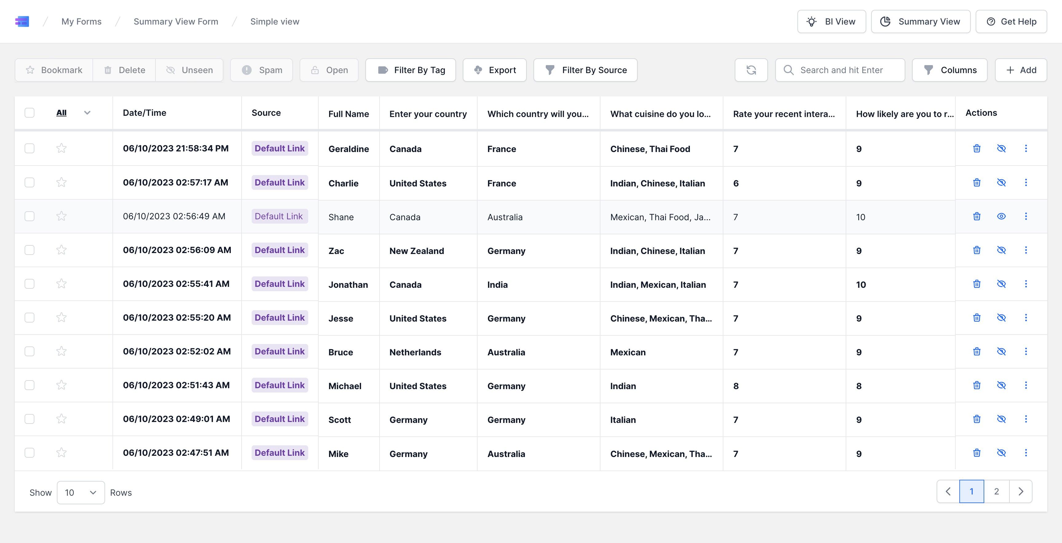 Screenshot of: In the "Inbox View", all the unviewed responses will appear in "BOLD" text. Once you open a response, the text will change to a regular font, indicating that the response has been viewed. You can open and review any response by simply clicking on it. This feature helps in differentiating between new and already reviewed responses, making the management of form submissions more organized and efficient.