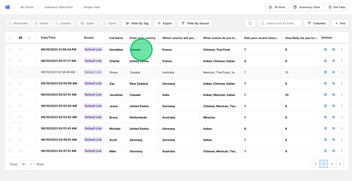 Screenshot of: In the "Inbox View", all the unviewed responses will appear in "BOLD" text. Once you open a response, the text will change to a regular font, indicating that the response has been viewed. You can open and review any response by simply clicking on it. This feature helps in differentiating between new and already reviewed responses, making the management of form submissions more organized and efficient.
