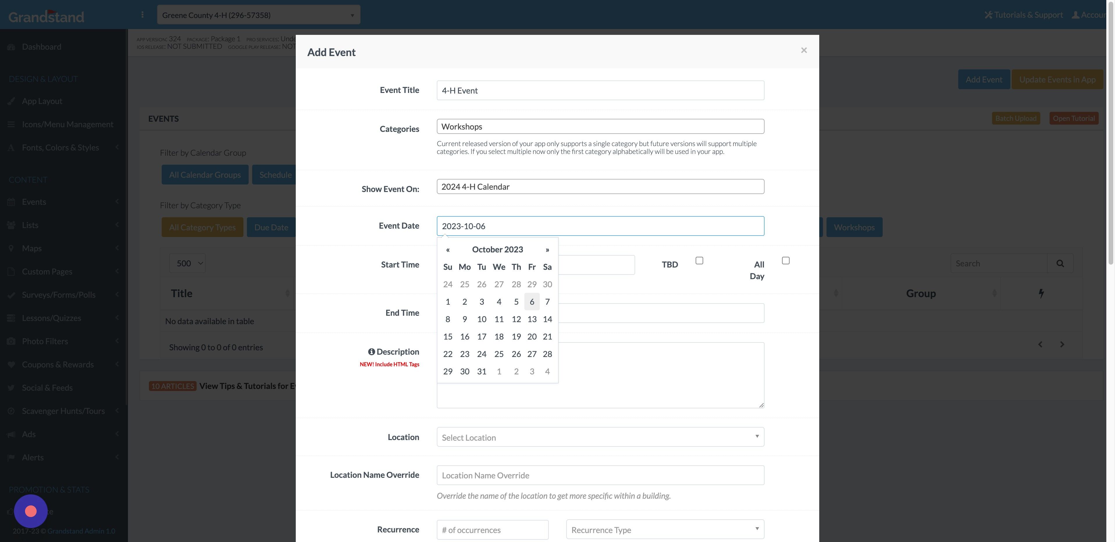 Screenshot of: Click the date for the event.