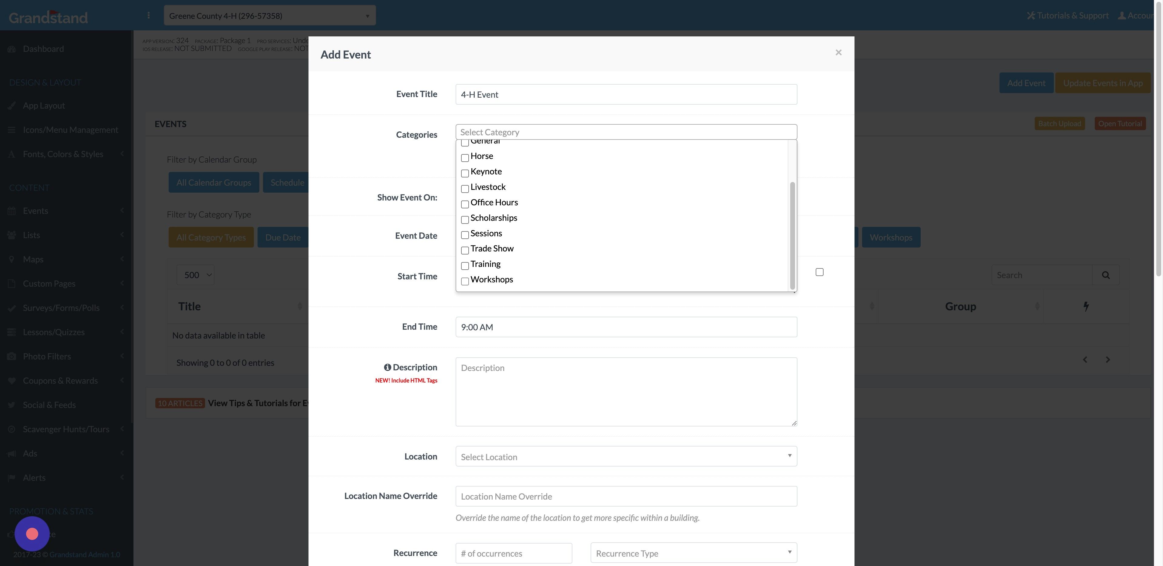 Screenshot of: Click the type of event category. In this case we selected "Workshops."