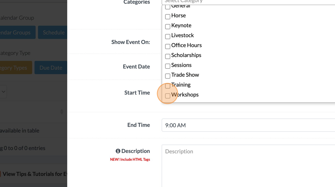 Screenshot of: Click the type of event category. In this case we selected "Workshops."