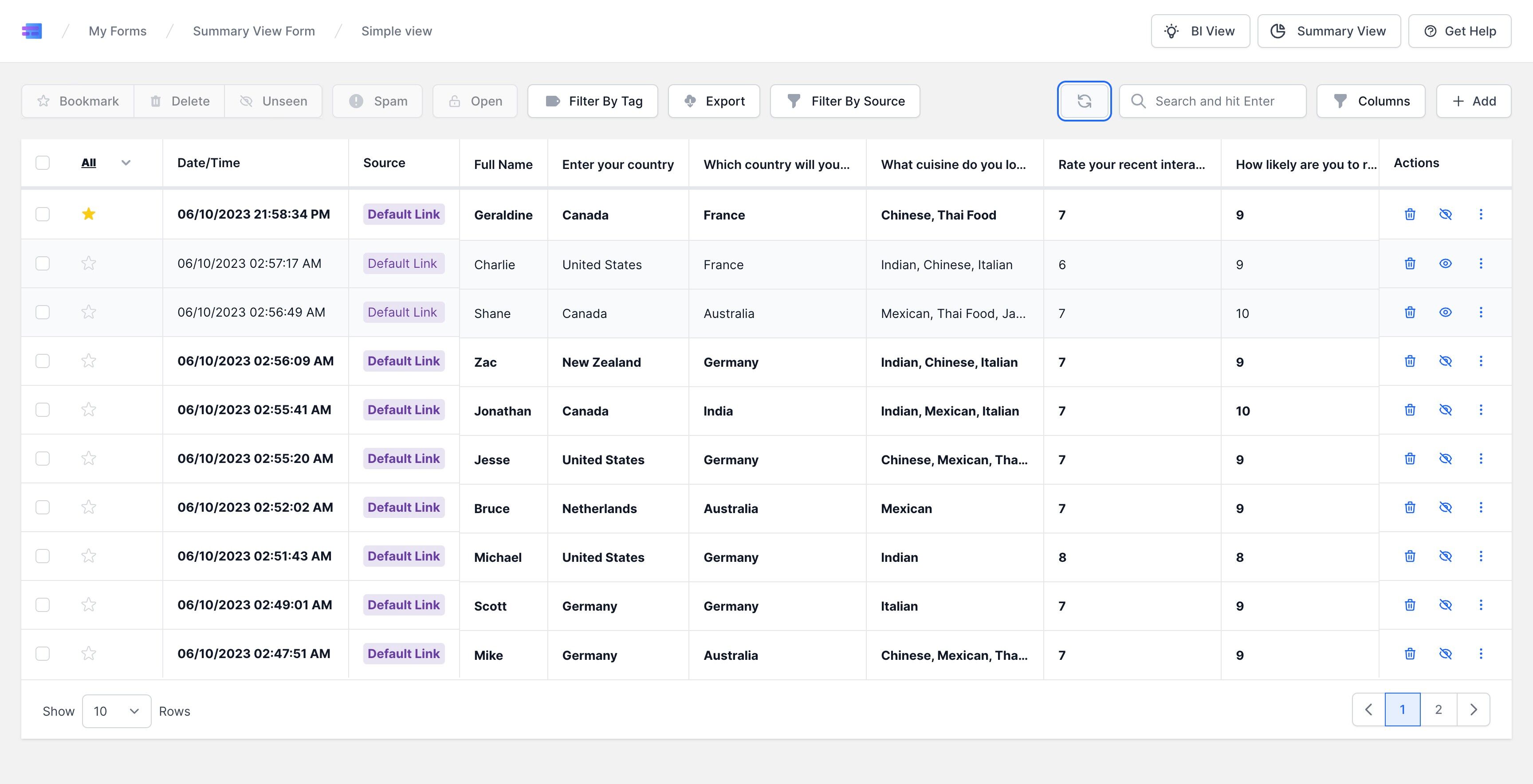 Screenshot of: You can click the refresh button to retrieve the latest submissions. This action ensures that your inbox is updated with the most recent responses, aiding in keeping your data review process current and timely.
