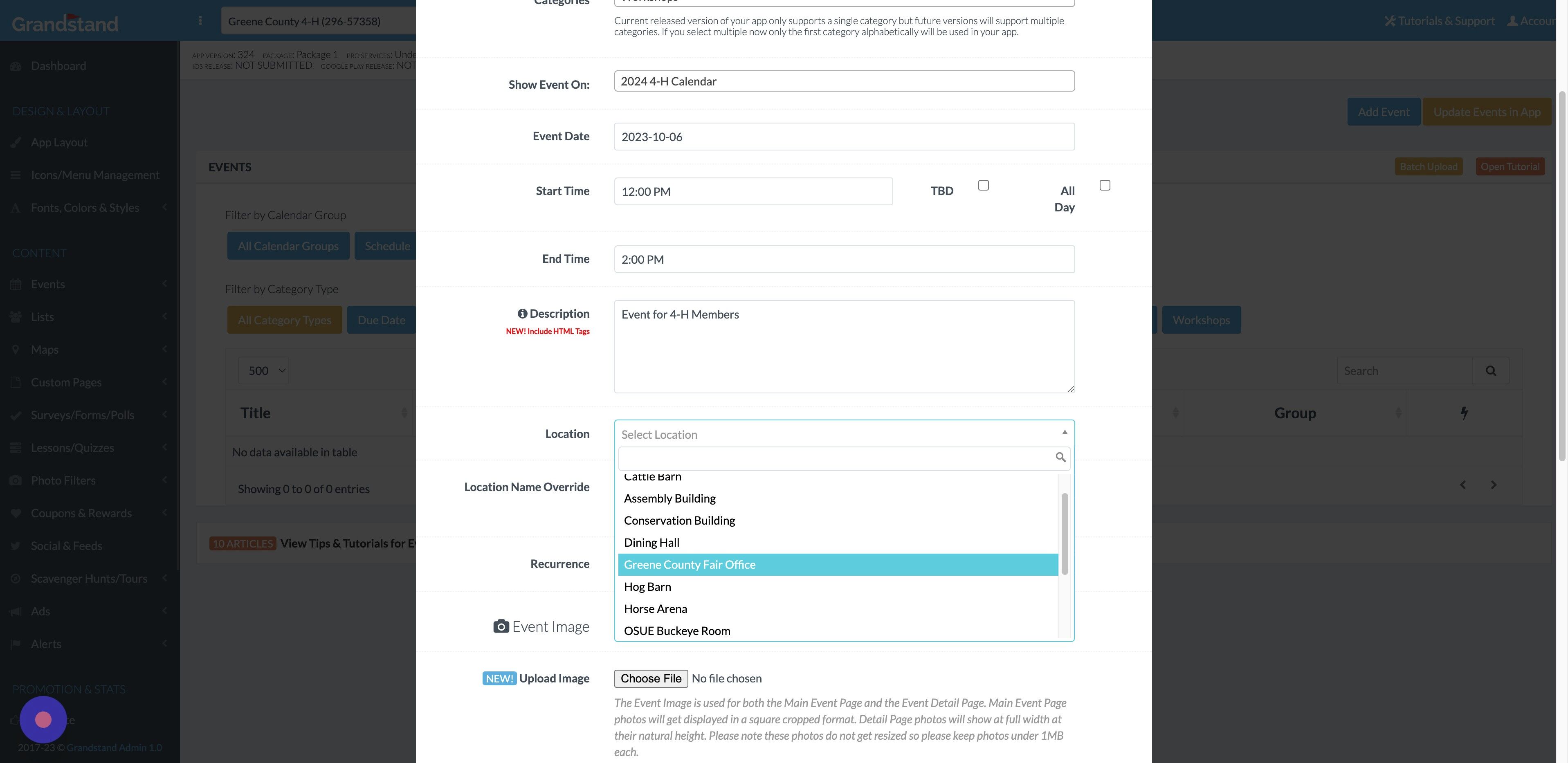 Screenshot of: Select the location from the drop-down menu (location must be on the map already to select it).