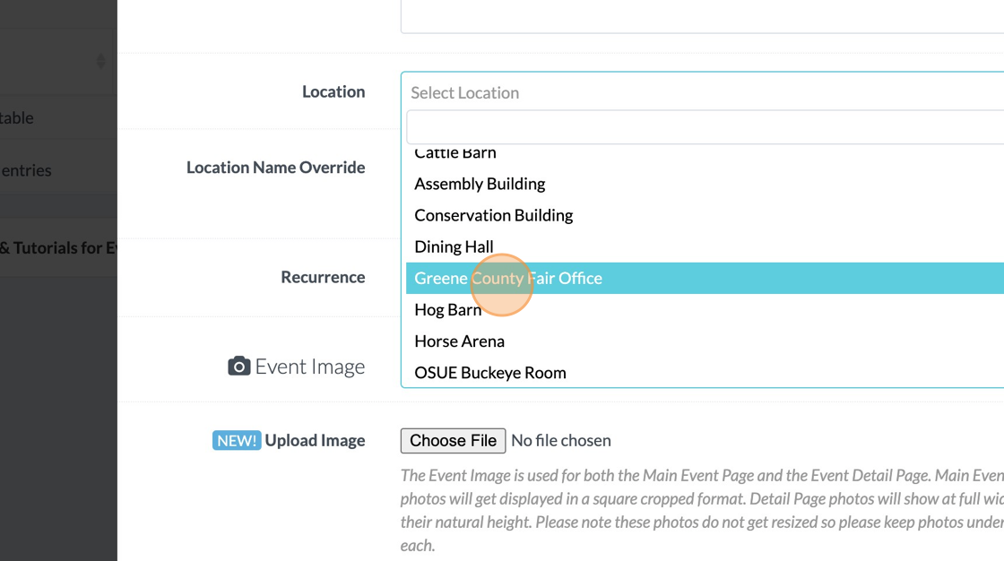 Screenshot of: Select the location from the drop-down menu (location must be on the map already to select it).