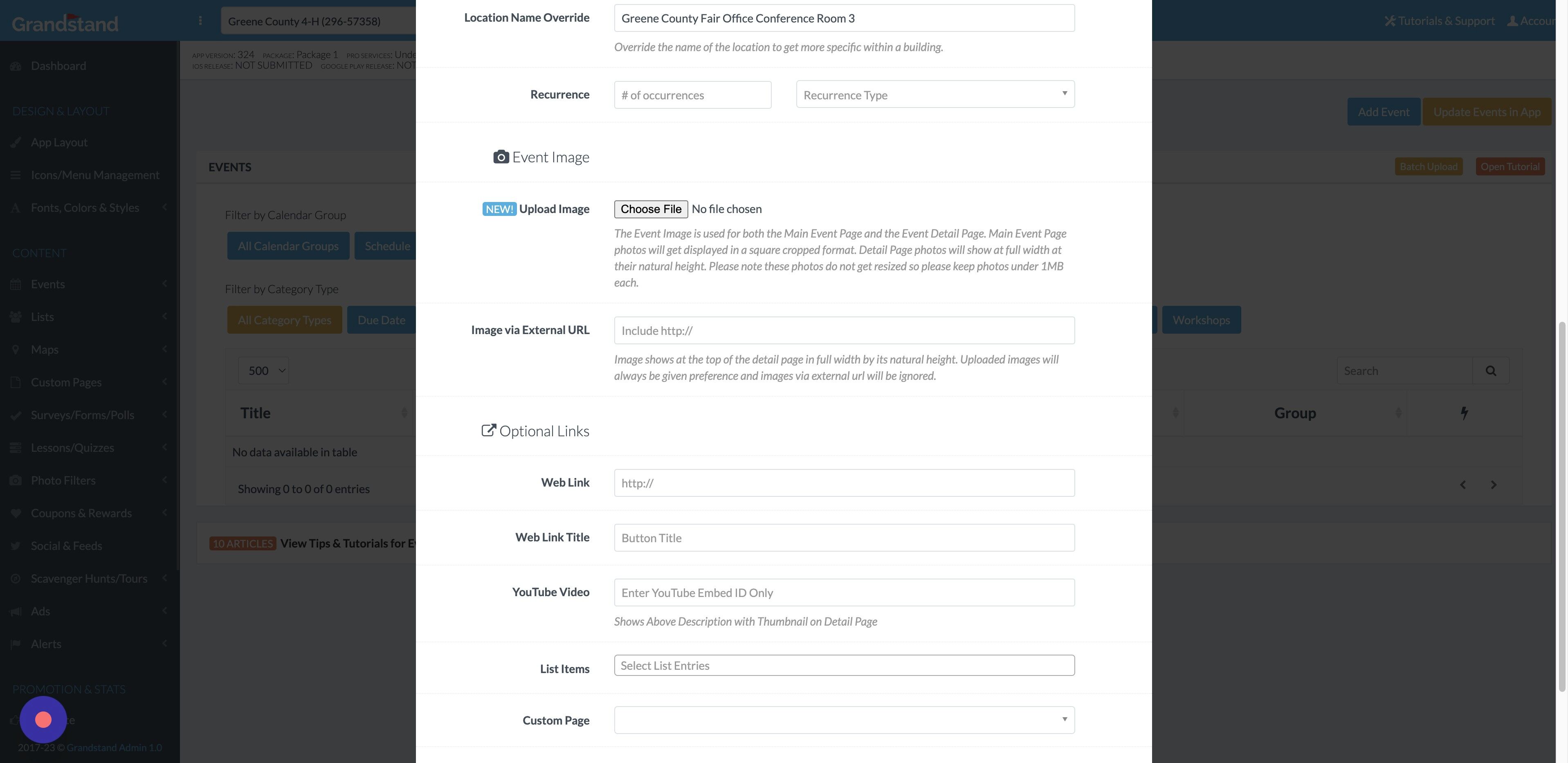 Screenshot of: To add a weblink button to the schedule detail page, enter the website link, including the https:// in "Web Link."