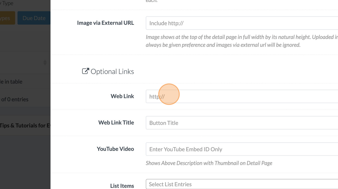 Screenshot of: To add a weblink button to the schedule detail page, enter the website link, including the https:// in "Web Link."