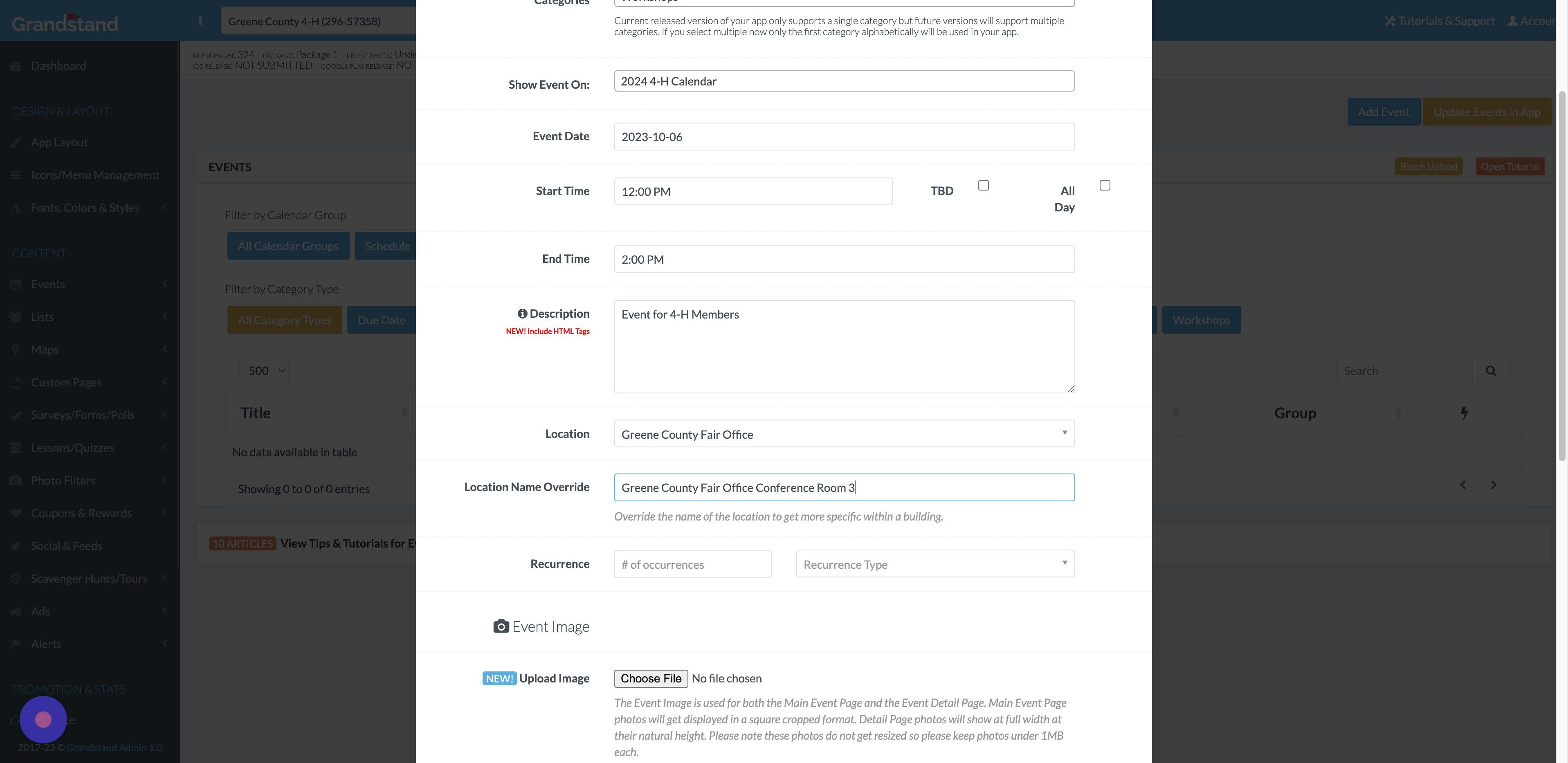 Screenshot of: If you would like to show an image on the schedule for the event, click on choose file next to "Upload Image."