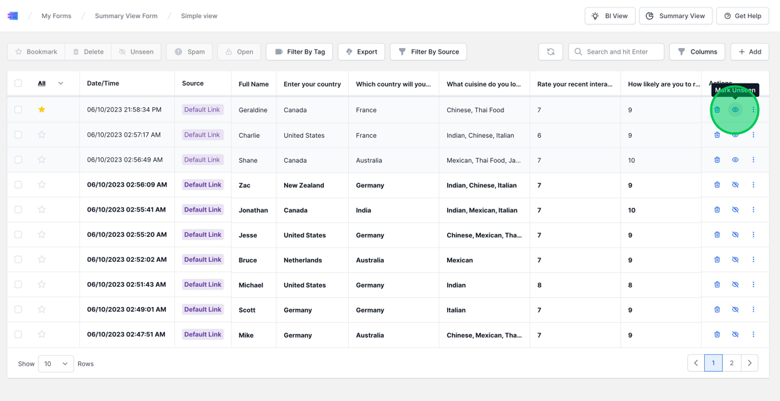 Screenshot of: You also have the option to mark a response as seen or unseen by clicking on the eye icon. This feature allows you to manage your responses' read status, which can be particularly useful in keeping track of which submissions have been reviewed, especially in a collaborative environment.