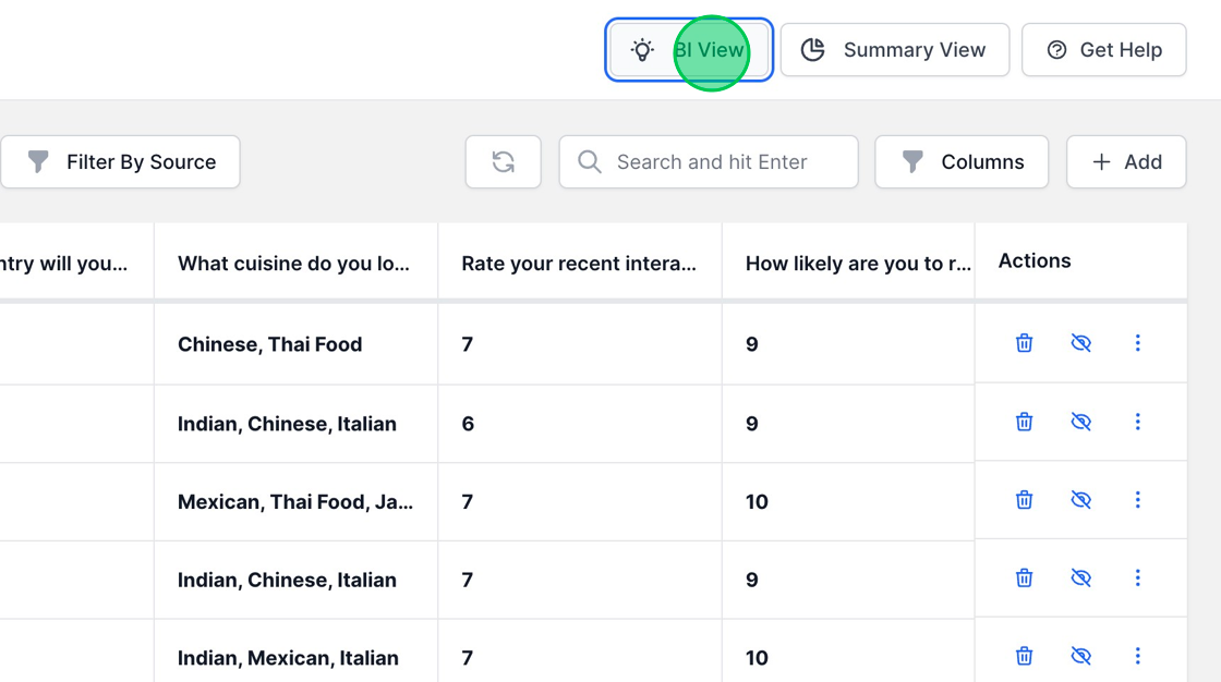 Screenshot of: MakeForms presents three distinct views for visualizing your data:
1. Inbox View
2. BI (Business Intelligence) View
3. Summary View
Upon clicking the submissions count or the responses icon, you will be directed to the Inbox View by default. At the top, two buttons labeled "BI View" and "Summary View" are provided, allowing for seamless navigation to the respective views.
Detailed documentation for each view is provided below.