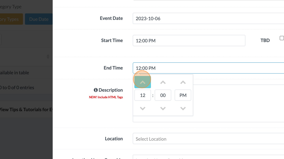 Screenshot of: Enter the time or use the arrow keys to enter the end time of the event.
