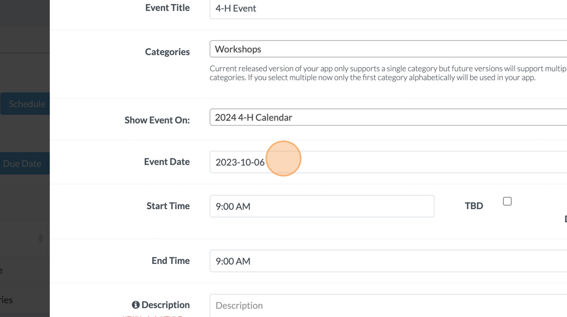 Screenshot of: Click the "Event Date" field.