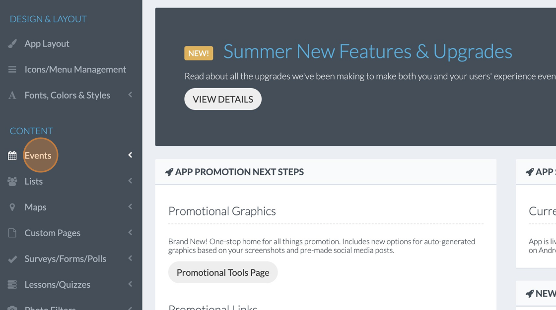 Screenshot of: Click "Events"