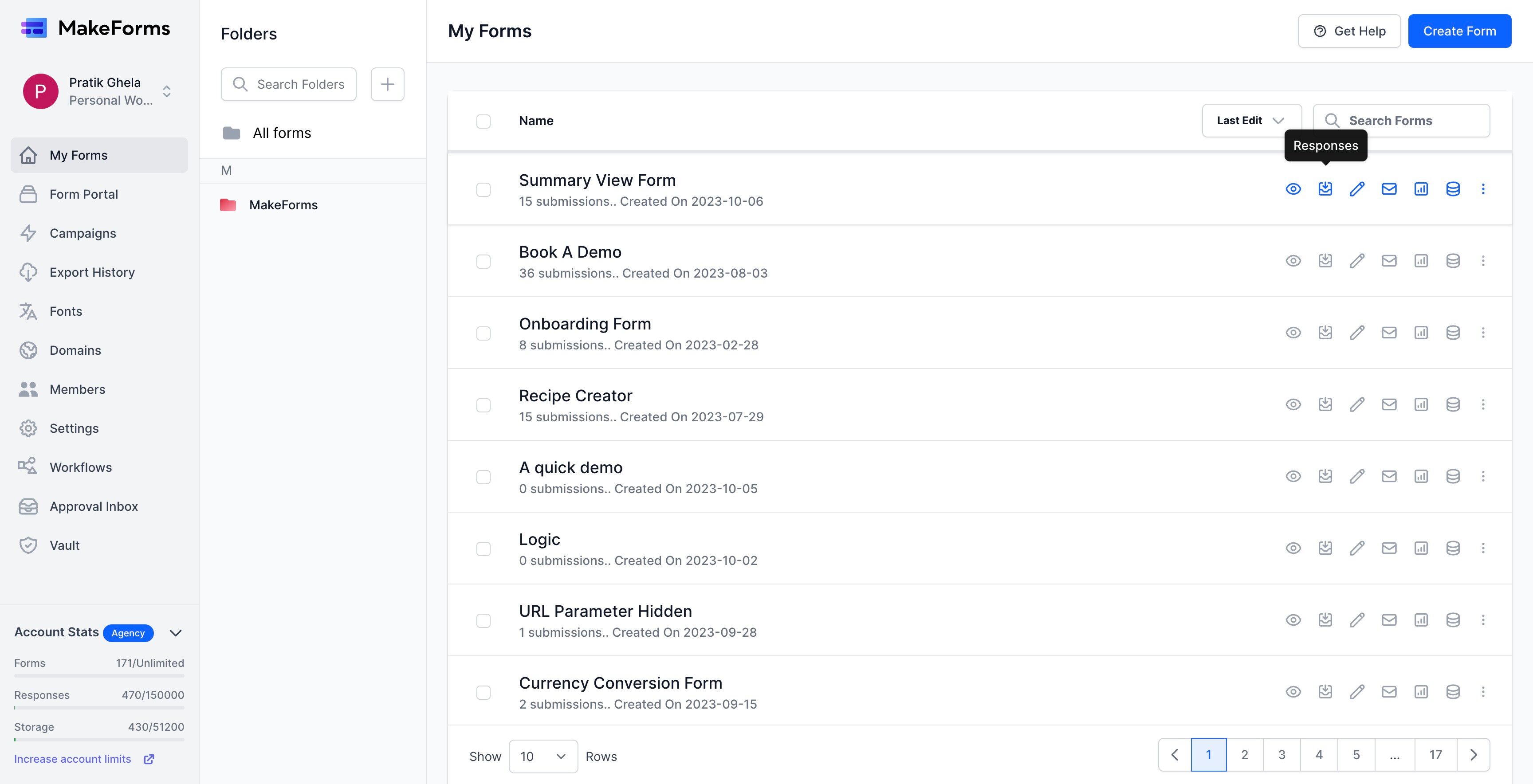 Screenshot of: The alternative method to access responses is by clicking on the responses icon.