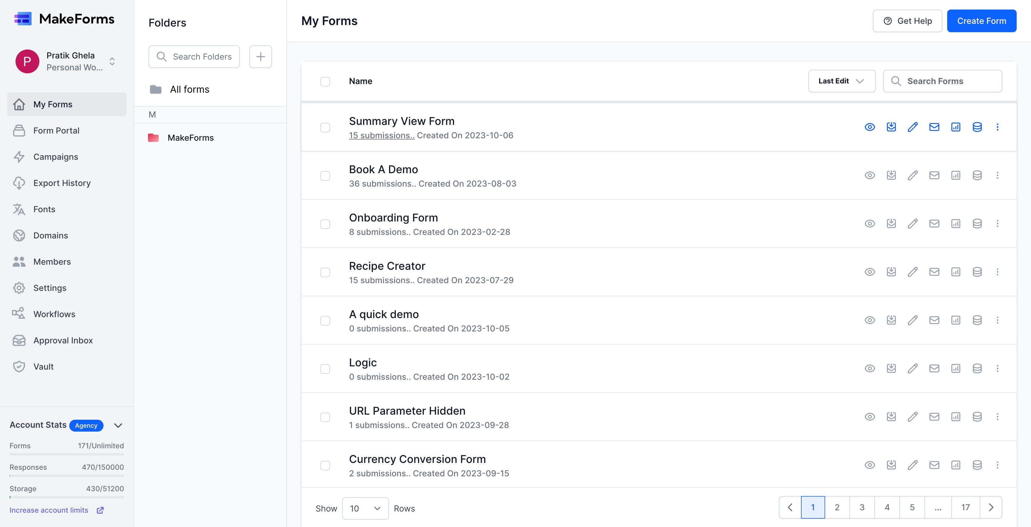 Screenshot of: To access the Inbox view, you can click on the "submissions" link located below the form name, or click on the "Responses" icon. Either of these actions will take you to a centralized inbox where you can view and manage the responses your form has received.